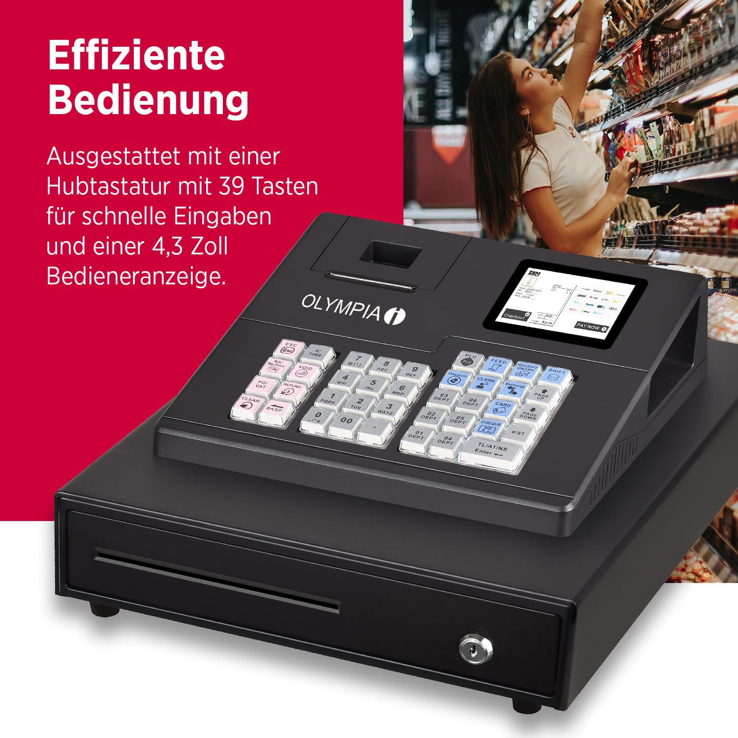 Olympia K100 Registrierkasse LED Kundenanzeige 58mm Thermodrucker Android 11 Hubtastatur 39 Tasten Kassenschublade
