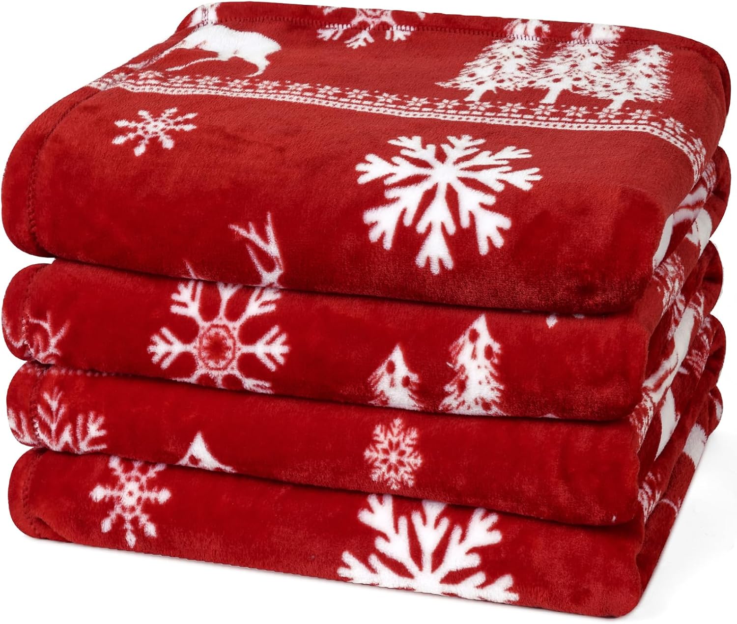 PHF Printed Fleece Blanket King Size, No Shed No Pilling Ultra Soft Plush Cozy Xmas Prints Theme Home Décor Flannel Blanket for Bed, Sofa, Couch and Gift, 108" x 90", Reindeer and Trees, Red