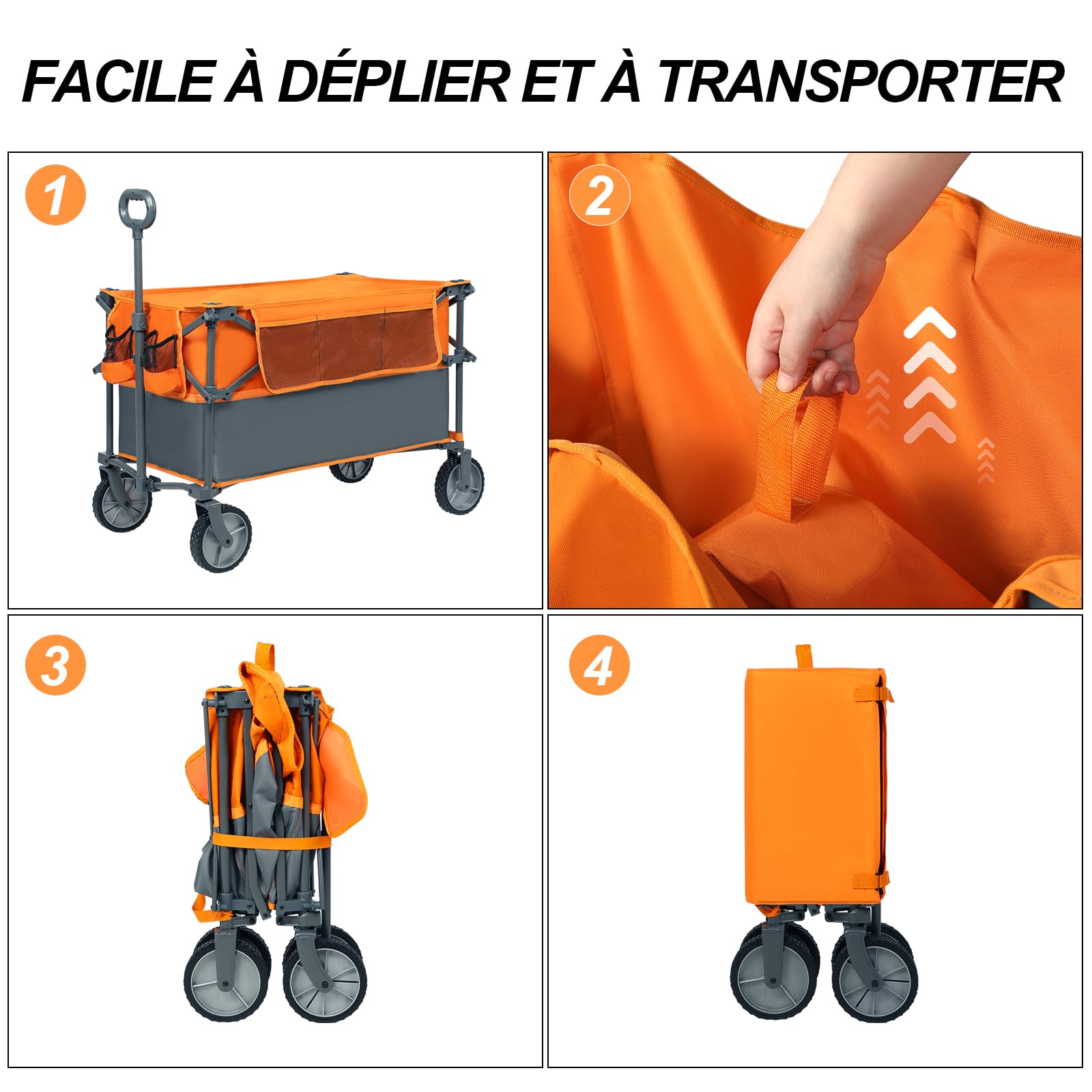 PORTAL Chariot de Jardin Pliable Plus Grande capacité pour Festival, Plage, Camping, Chariot avec roulettes, remorque de Pique-Nique Robuste Orange