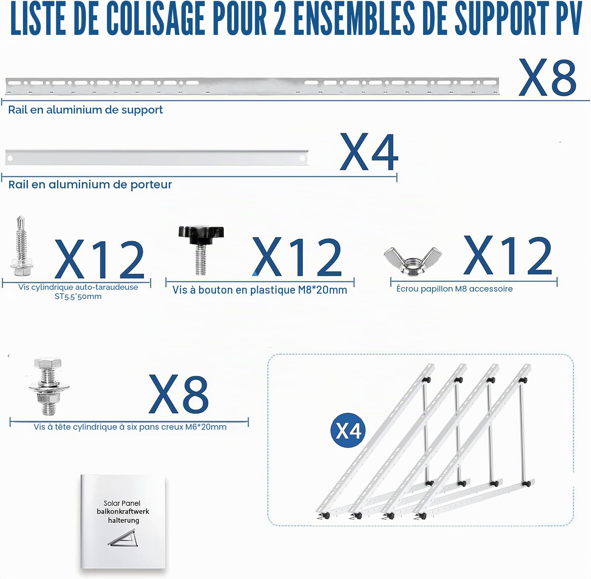 Support de panneau solaire, 114 cm, 2 paires de support de panneau solaire, support pour générateur de balcon pour panneau solaire 100W-500W, support d'angle réglable de 0-90° pour panneau solaire