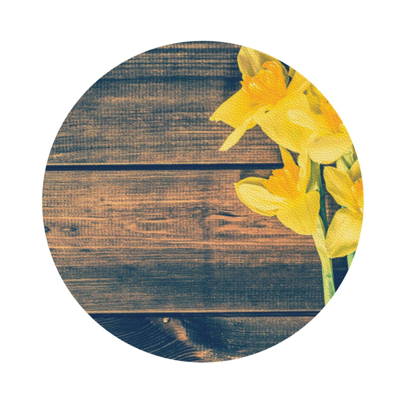 Bouquet of Daffodils PU Leather Coasters Set of 6 Round Drink Coasters