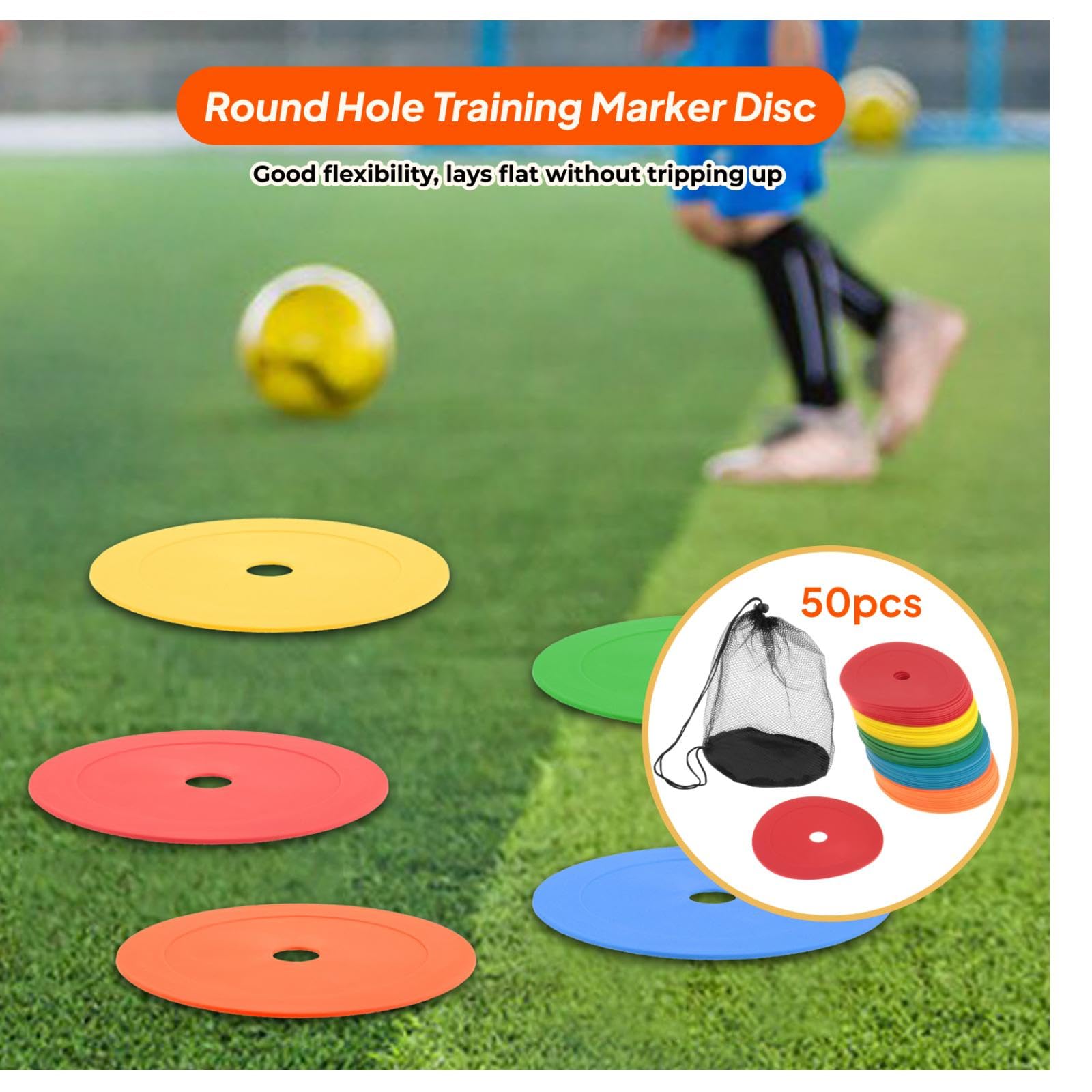 perfk Lot de 50 Cônes Plats Antidérapants de 15,3 cm, Plots de Marquage pour Football Cône, Plots Sport avec Sac en Filet, pour Le Football, L'entraînement Sportif, Le Volley-Ball et Le Basket-Ball