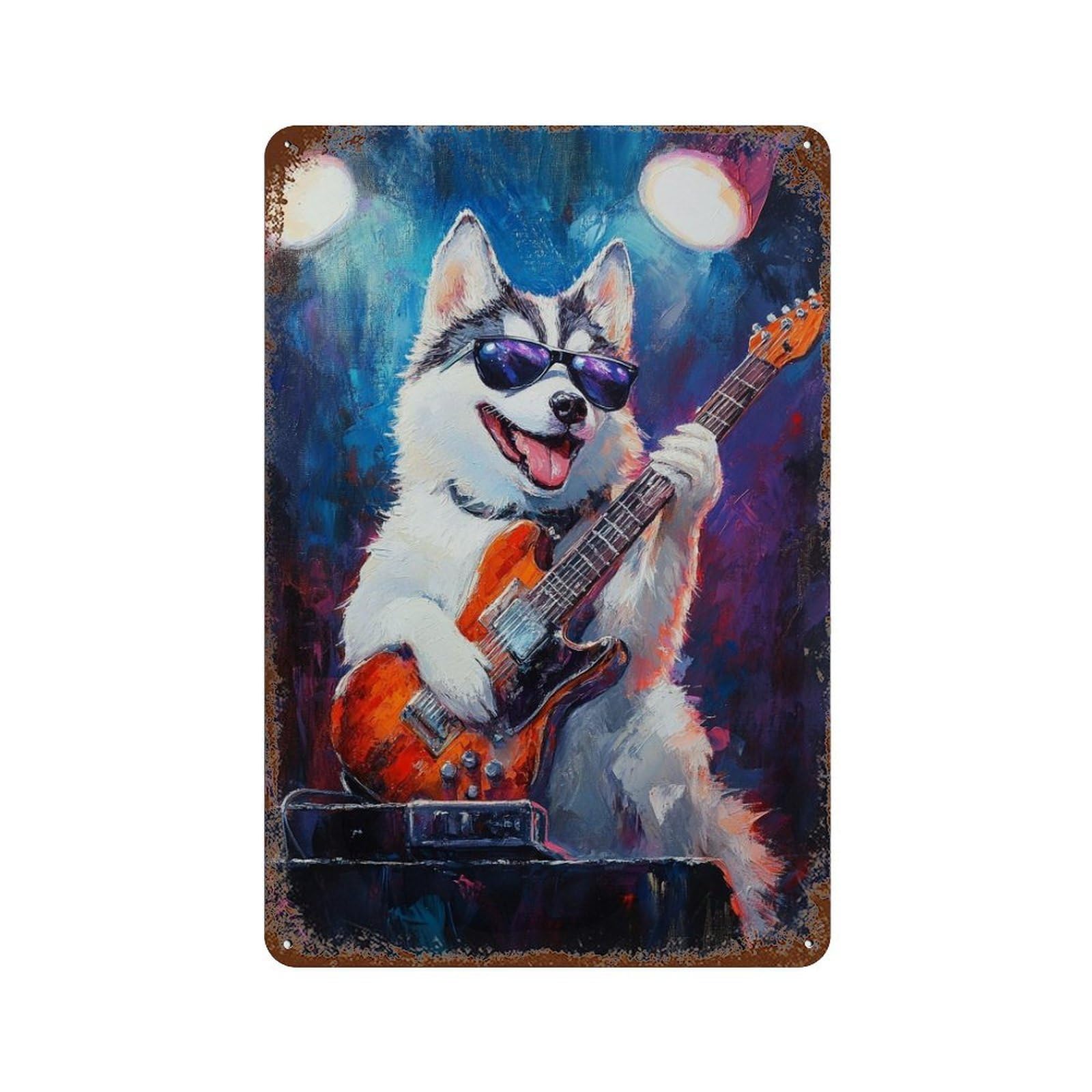 Rock Star Husky Guitar Painting -6 Aged Metal Wall Plaque 11.8"x7.9", for Pub, Kitchen And Man Cave Decor, Decorative Metal Wall Art