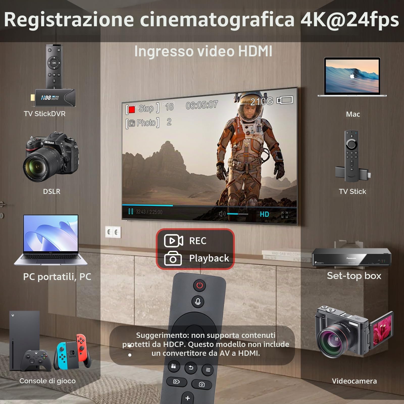 ZowieREC, registratore HDMI 4K, DVR, console di gioco, laptop, PC, riproduzione TV, registrazione programmata, istantanea, pausa riprendi, schede TF e USB
