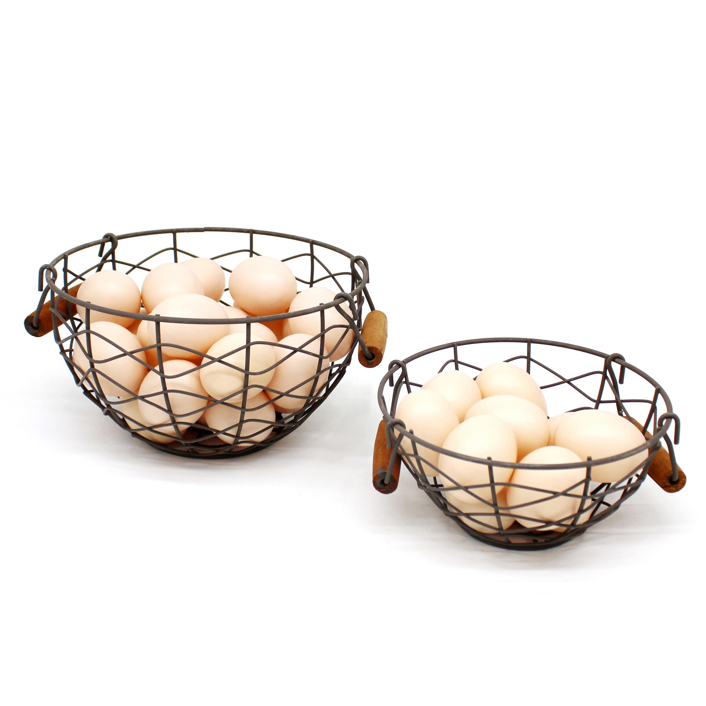CVHOMEDECO. Round Wire Egg Baskets Rustic Fruit Baskets with Wooden Handles Primitives Vintage Collecting Basket. Rusty, Set of 2