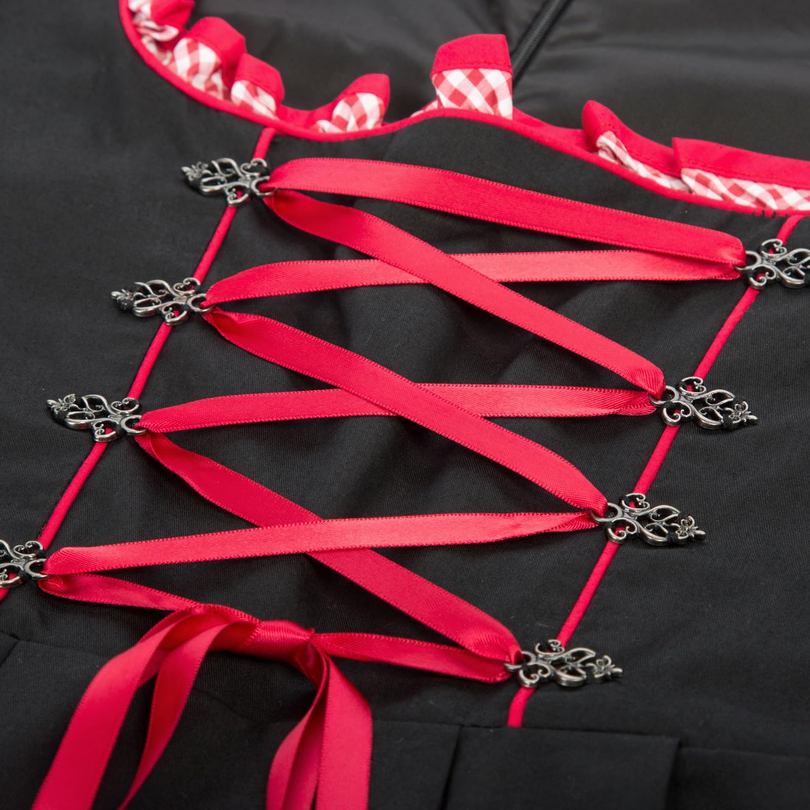 SCARLET DARKNESS Damen Trachtenkleid 3tlg Knielang Dirndl Kleid für Oktoberfest Landhauskleid XL Schwarz und Rot#1