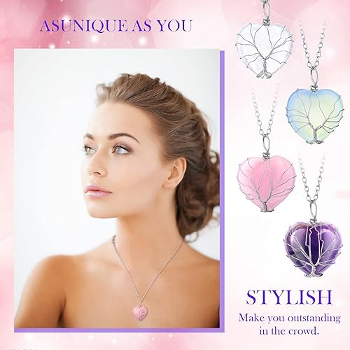 Miniatura 6 de Sureio 4 piezas de collar de cristal curativo de la vida del árbol, colgante en forma de corazón, collar de cuarzo de rosa, colgante de piedras