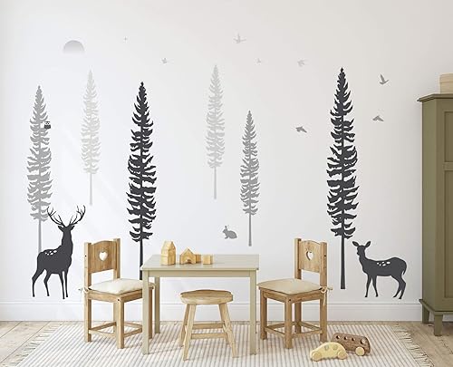 Miniatura 4 de Decoración de guardería de bosques, calcomanías de pared de pino con animales, ciervos y búhos, lindas calcomanías de pared para sala de juegos,