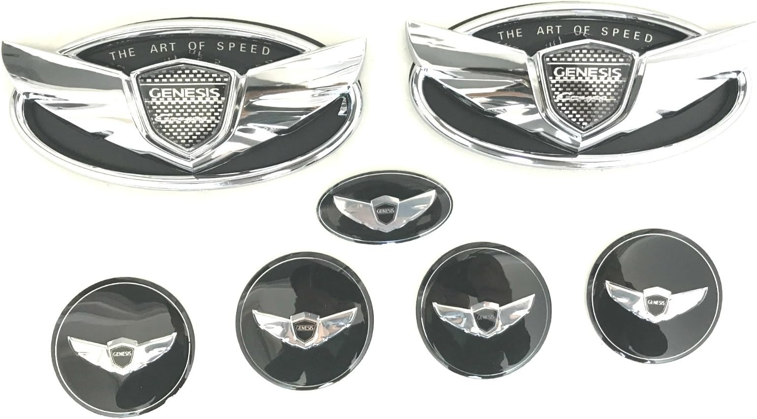 Exotic Store 7 Pieces 2010-2017 Fit for Hyundai Genesis "ART OF SPEED"Coupe Chrome Black WING Logo Front+ Trunk+ Steering wheel+ Rim center Caps Stickers TURBO Kit Emblem Badges (CHROME)