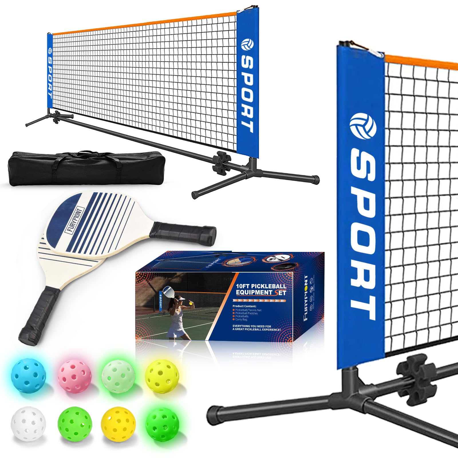 Furypiont Mini filet de pickleball portable de 3 m – Filet de tennis pour allée, jardin, 2 raquettes de pickleball, 8 balles de pickleball et sac de transport portable, filet de pickleball pour