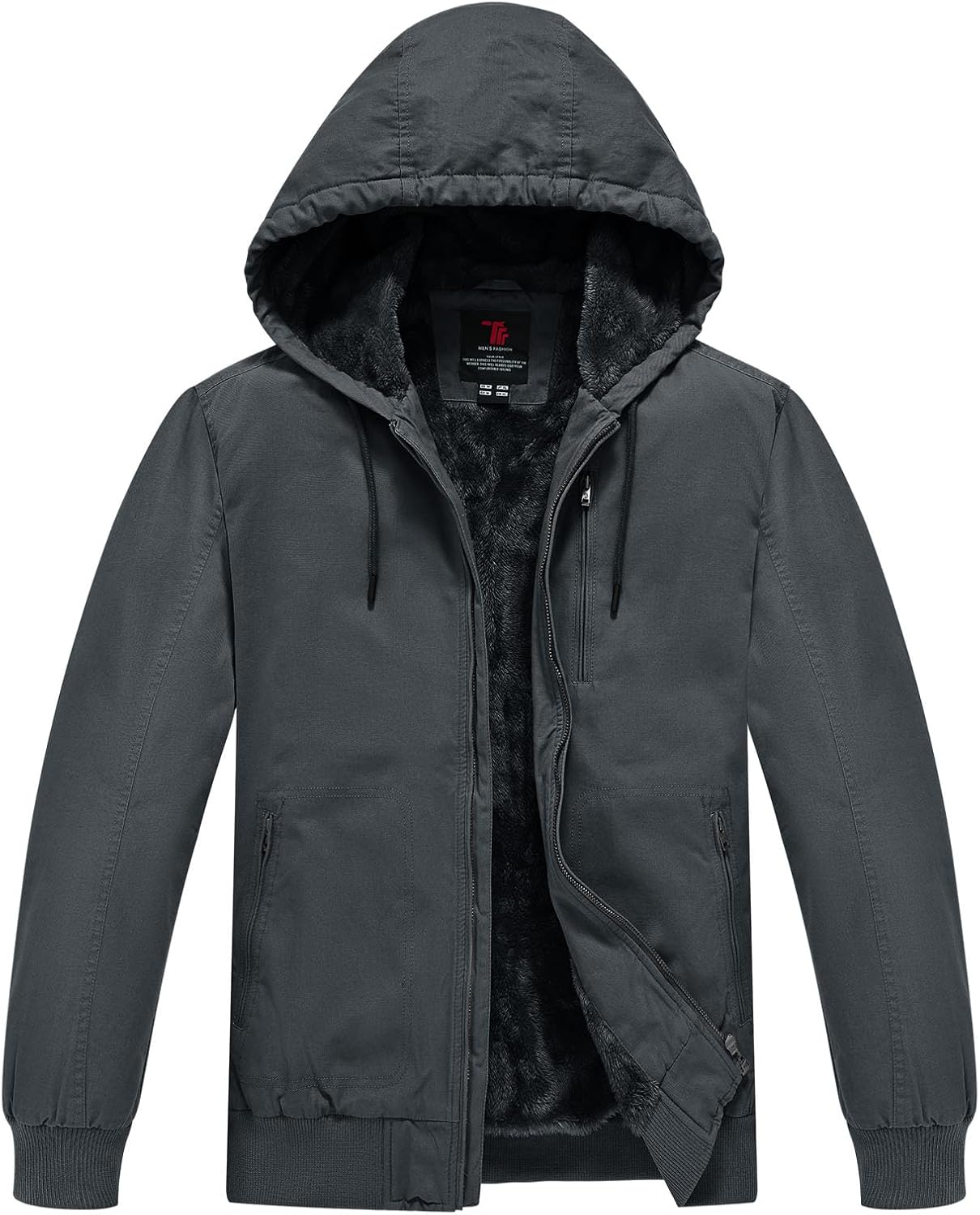Rdruko Men's Work Jackets Flannel Lined Insulated Cotton Workwear Hooded Winter Coats(Iron Gray, US XL)