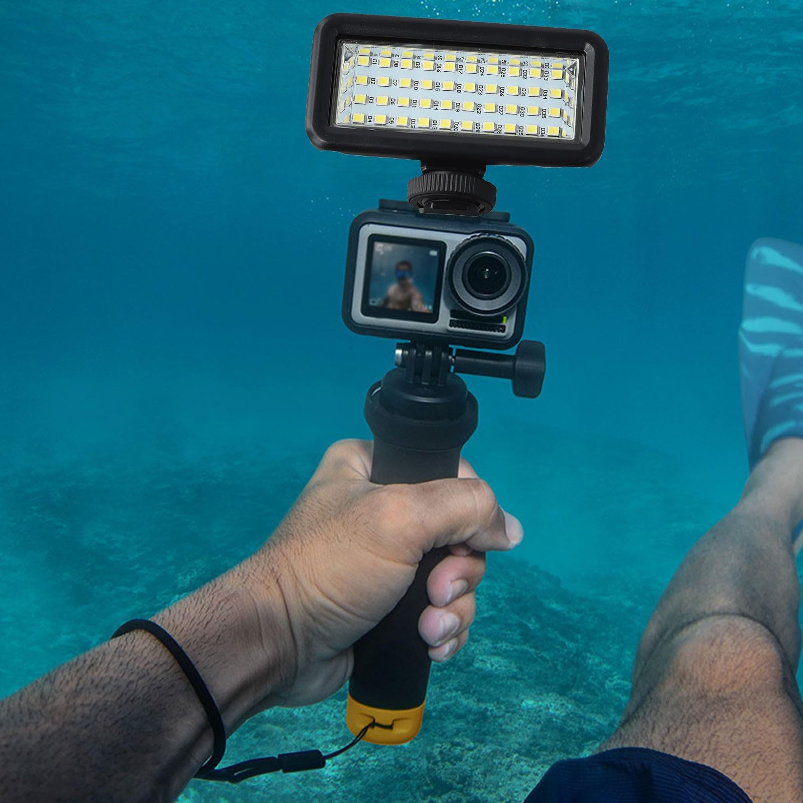 FACAIIO Luce subacquea per action camera, 2500mAh LED Video Fill Light, IPX8 impermeabile 40m, 650-750lm, 6000-6500K