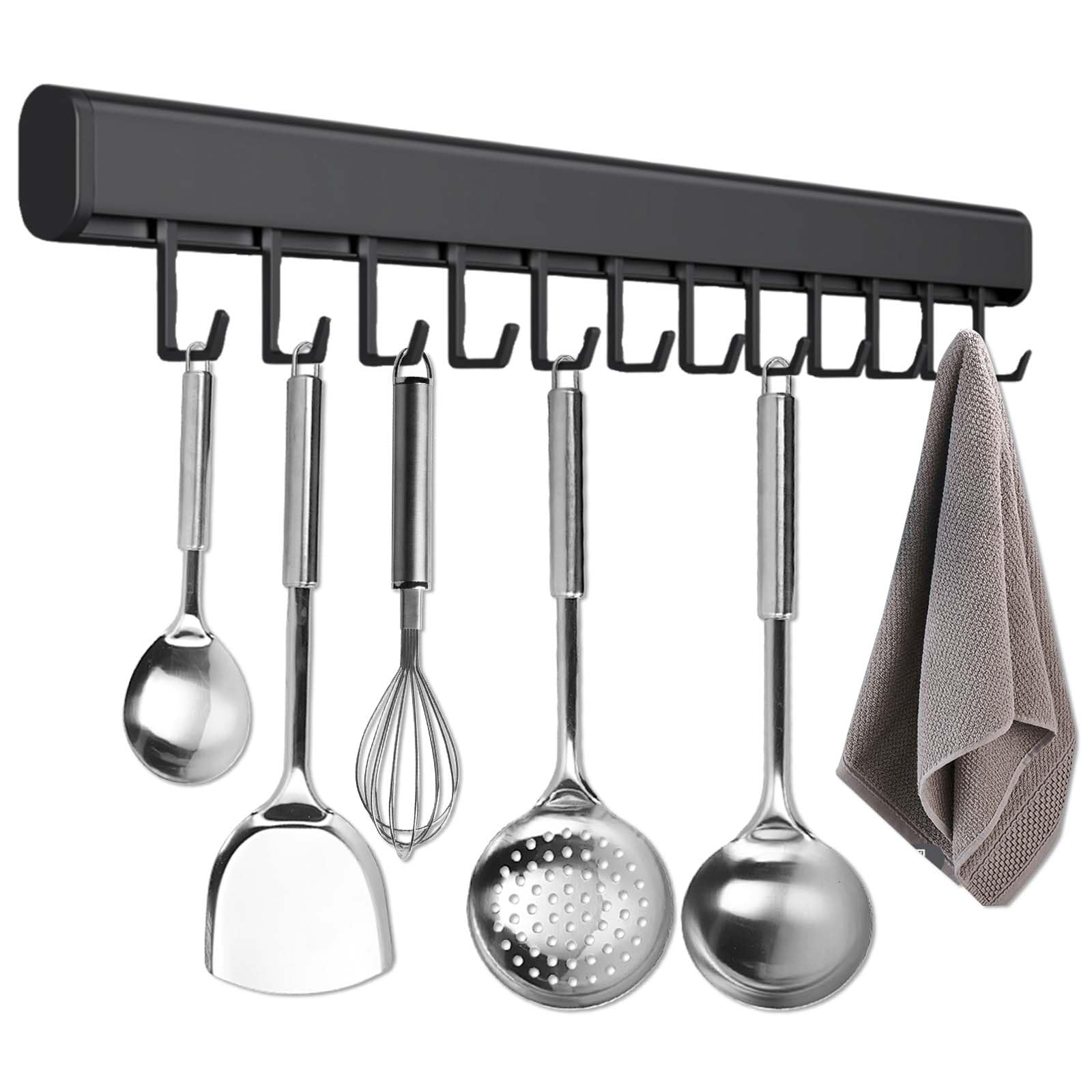 Naapesi Black Hook Rail Kitchen Without Drilling, 50Cm Utensil Rack With 10 Movable Hooks, Hanging Rail Aluminum Railing For Kitchen Utensils, Wall Mount, Strong Self Adhesive, Saving Tool Holder