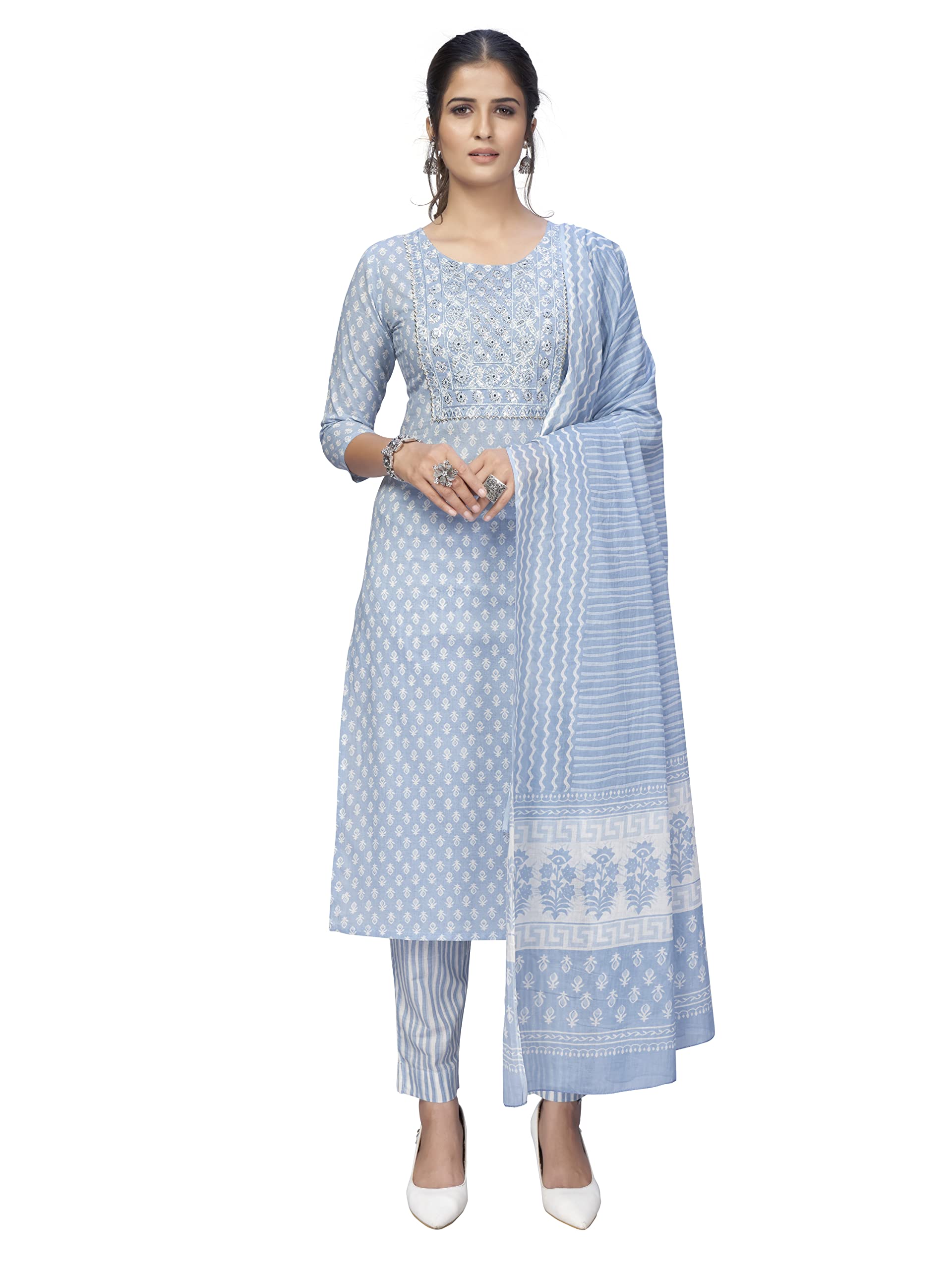 VbuyzWomen's Cotton Print & Embroidered Straight Stitched Kurta Pant with Dupatta