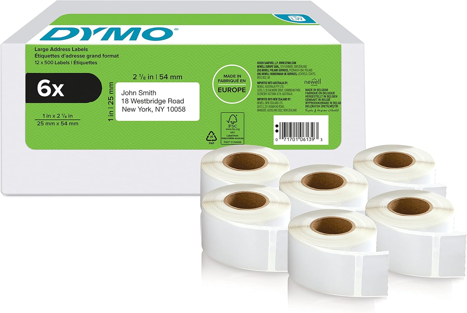 DYMO Authentic LabelWriter Return Address Labels | 25 mm x 54 mm | Self-Adhesive | 6 Rolls of 500 Easy-Peel Labels (3,000 Count) | for LabelWriter Label Makers | Made in Europe