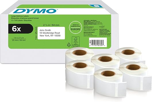 DYMO Authentic LabelWriter Return Address Labels | 25 mm x 54 mm | Self-Adhesive | 6 Rolls of 500 Easy-Peel Labels 3,000 Count | for LabelWriter Label Makers | Made in Europe