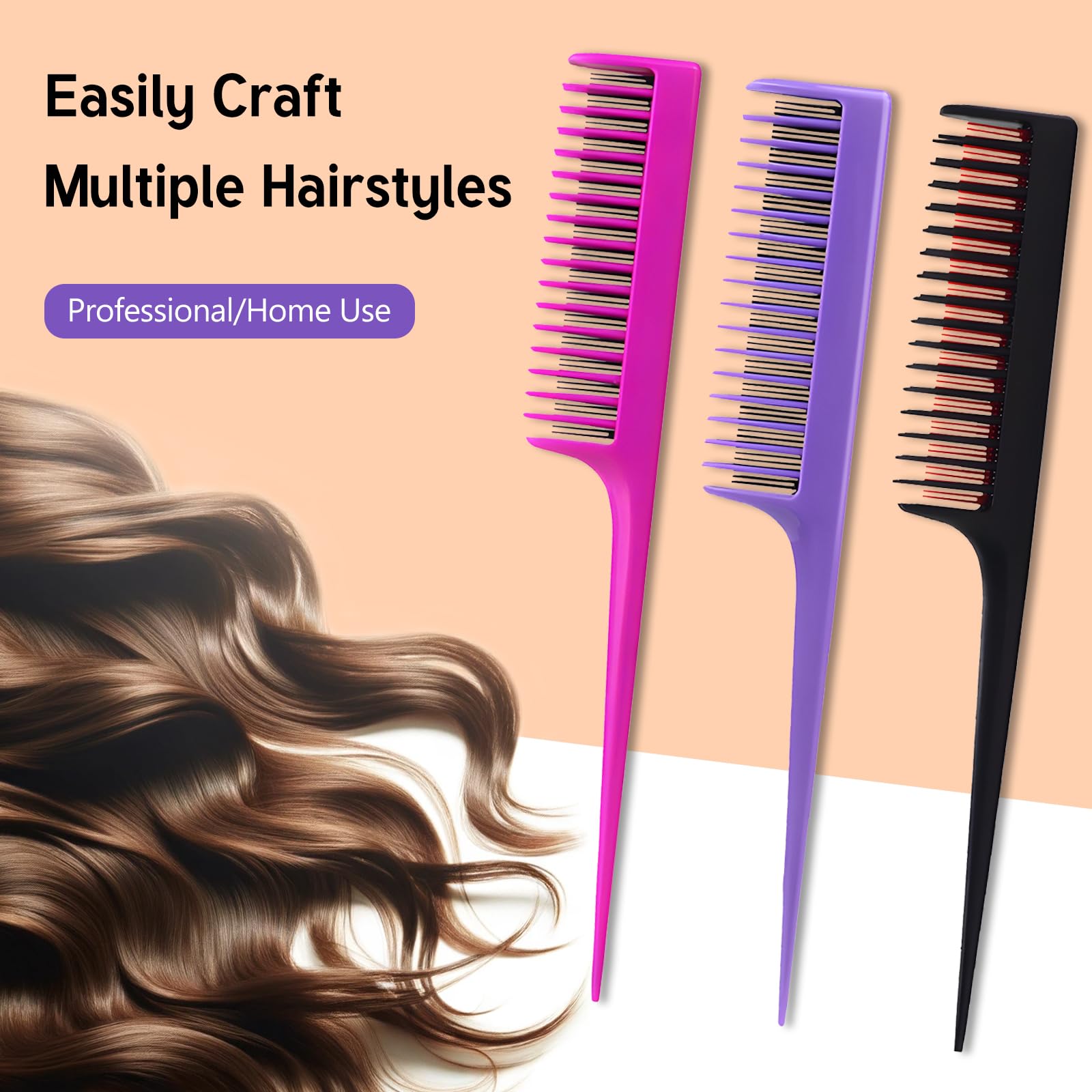 Paquete de 3 peines profesionales para la cola para bromas de raíces para tipos de cabello fino y normal, para añadir volumen, peine para mujeres y hombres, 8.15 pulgadas, negro, magenta y morado 2
