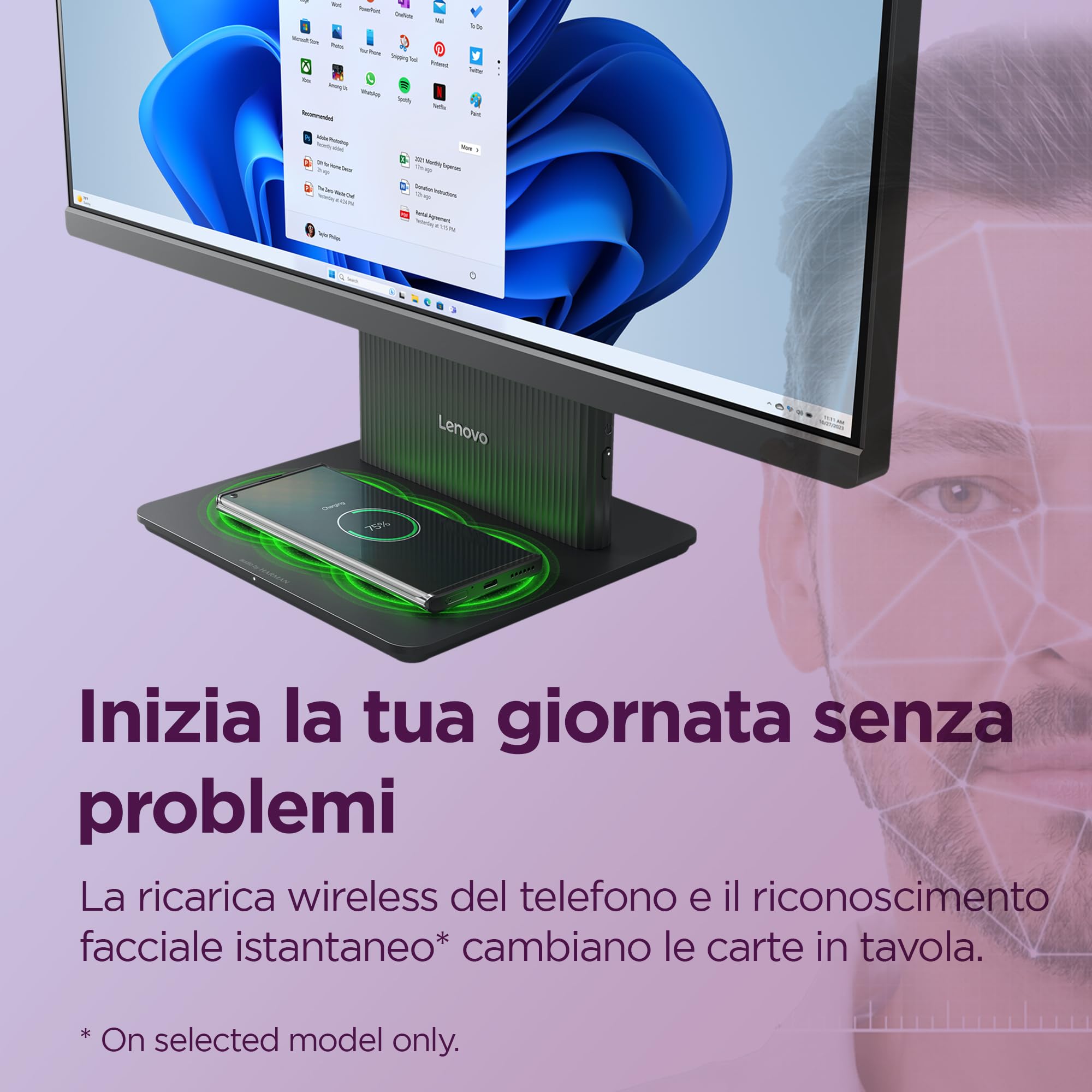 Lenovo IdeaCentre Computer desktop All-In-One, Display 27" FHD, AMD Ryzen 5 7535HS, 512GB SSD, RAM 16GB, Base di ricarica smartphone wireless, Speakers, WiFi 6, Windows 11 H, Tastiera + Mouse Wireless