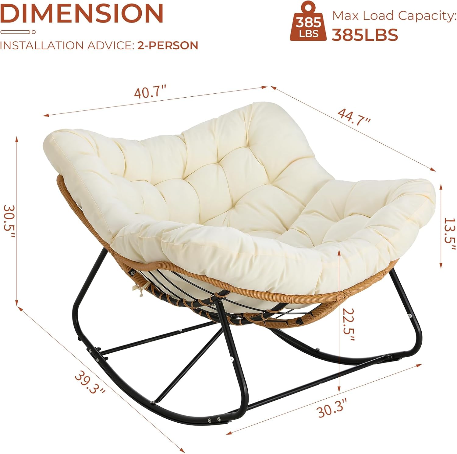 TLSUNNY Outdoor Papasan Rocking Chair, Oversized Padded Lounge Rocker with Cushion, Comfy Wicker Egg Lounge Chair, Large Indoor Rocking Recliner for Living Room/Porch/Garden (Beige)