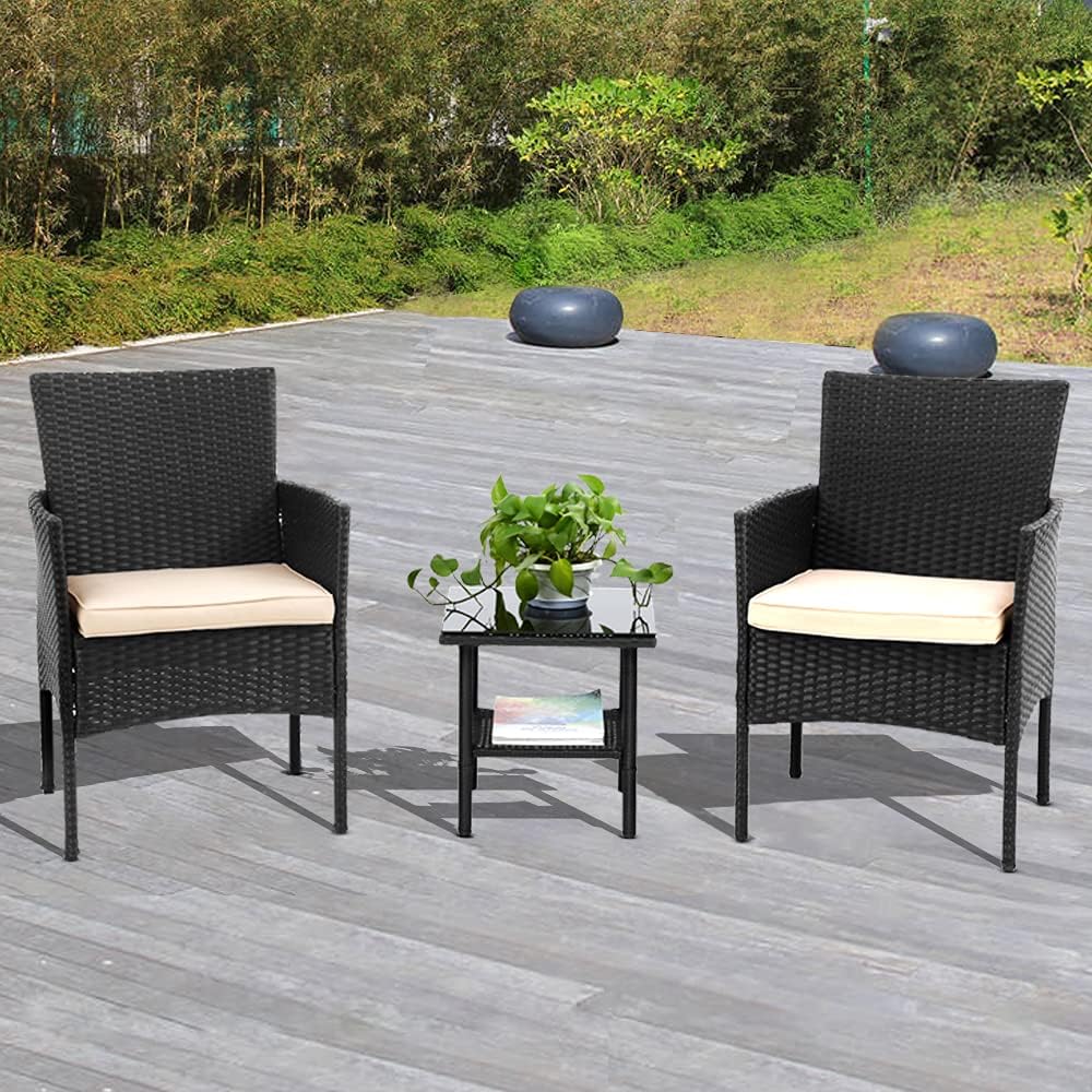 Dkeli Wicker Patio Furniture Set 3 Pieces Outdoor Table Set Sofa Bistro Set Conversation Sets with Thickened Cushions & Wicker Table Rattan Chairs for Yard Backyard Lawn Porch Poolside Balcony, Black