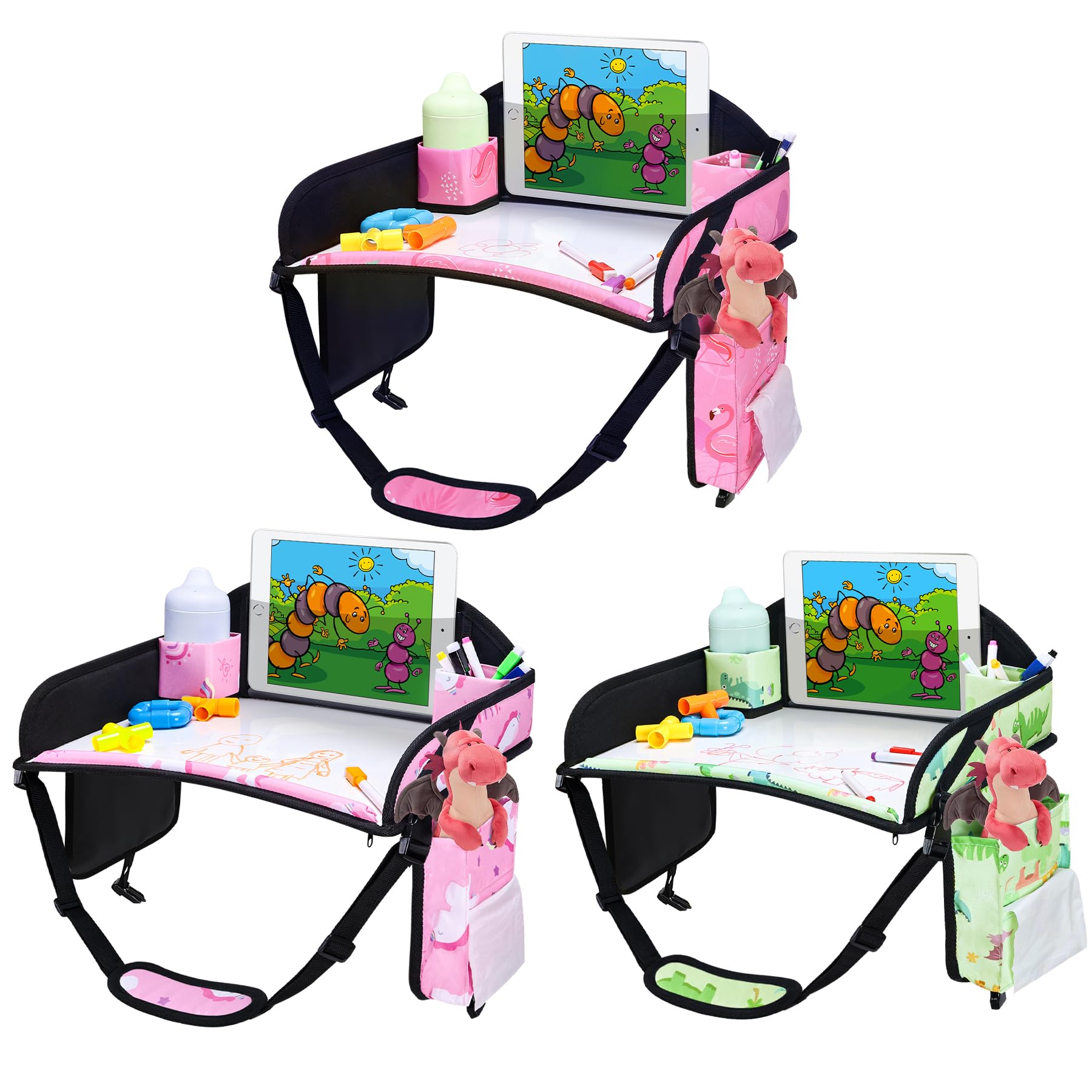 WENRENER 3PCS Kids Travel Tray for Airplane - Toddler Car Seat Table Tray, Road Trip Essentials for Boys & Girls, Carseat Lap Desk for Kids Road Trip