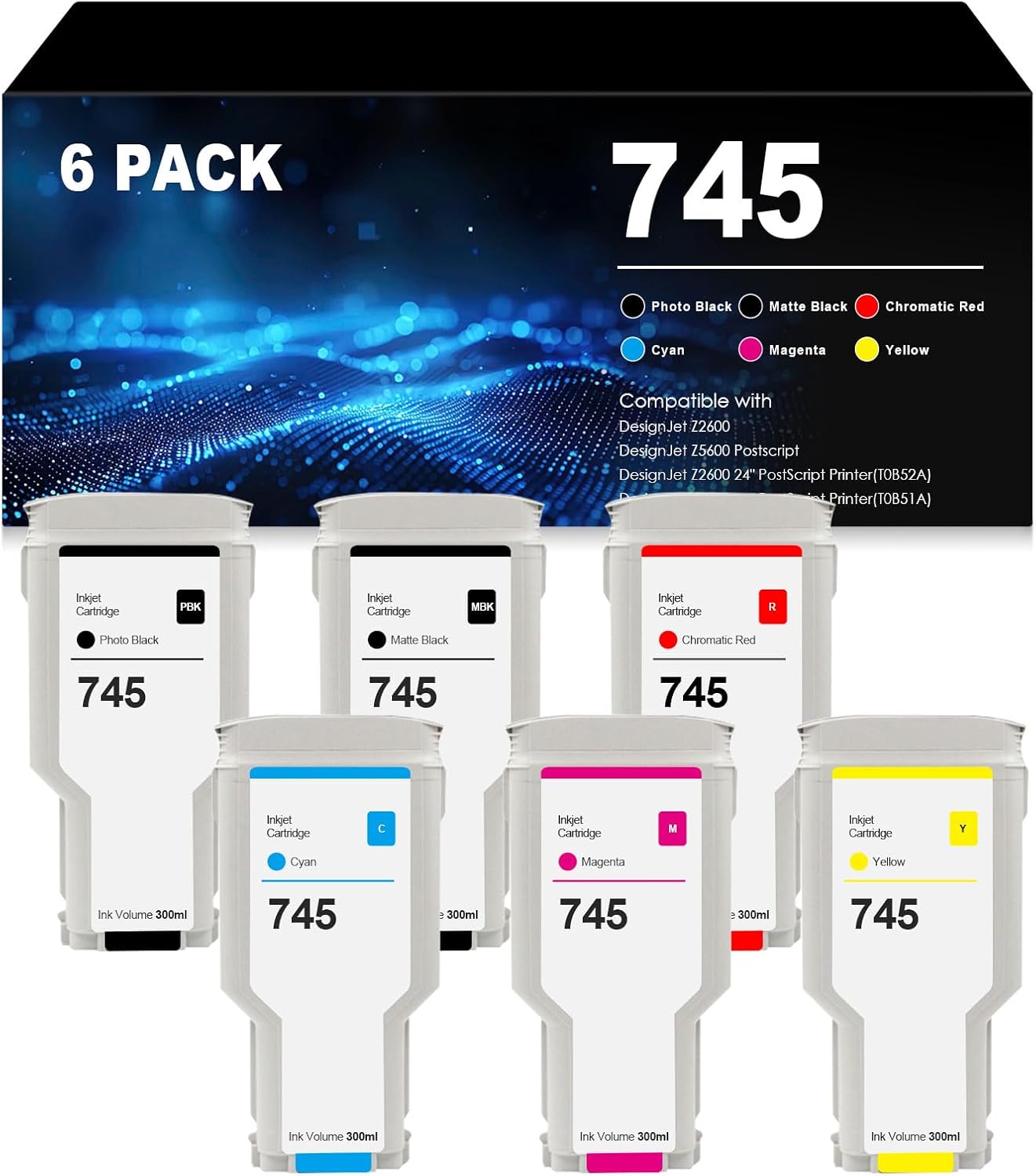 Remanufactured 745 Ink Cartridge 300ml Set (6-Pack,MBK/PBK/C/M/Y/CR) Compatible with F9K06A F9K05A F9K04A F9K03A F9K02A F9K01A Toner Cartridge for HP Designjet Z2600 Z5600 Printer