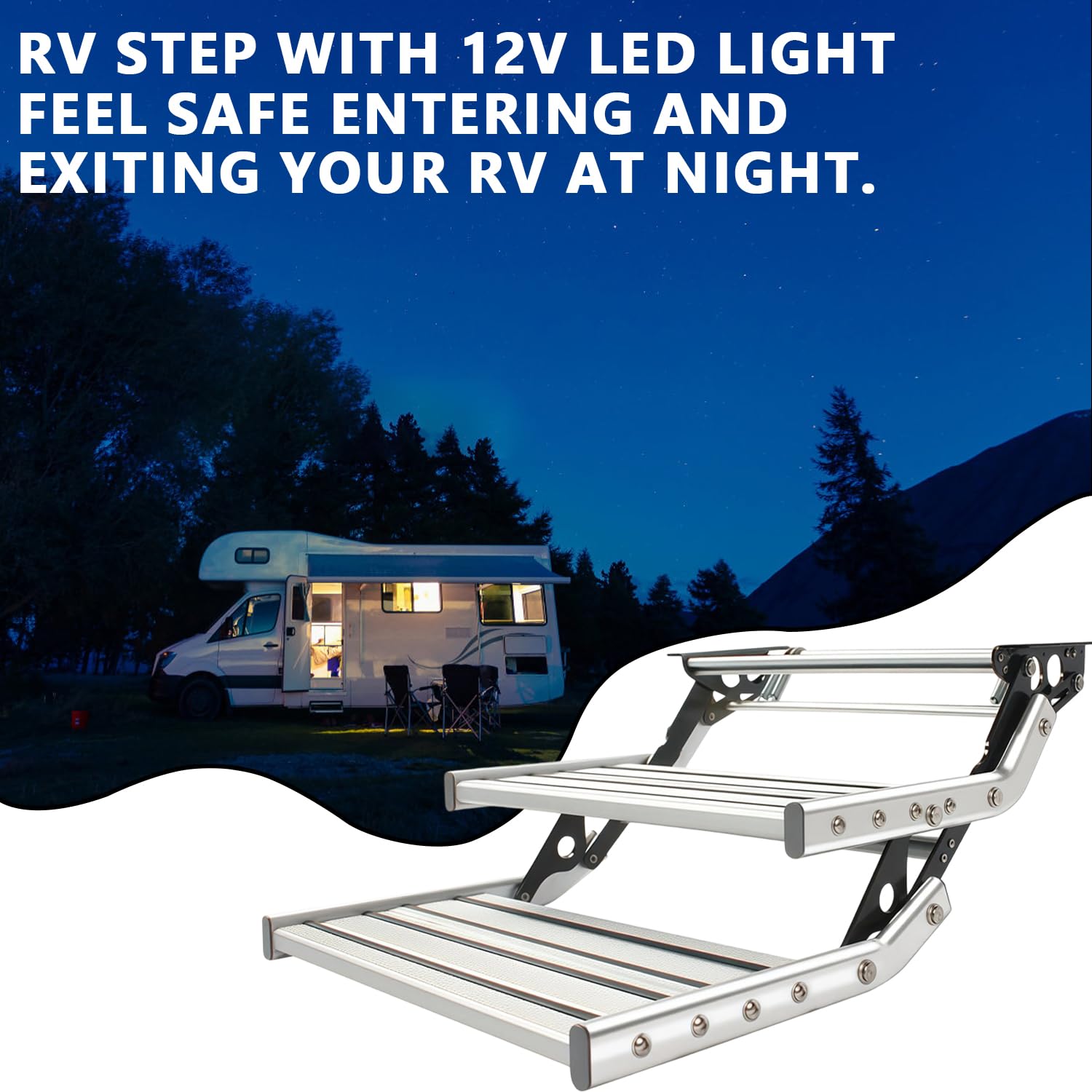 Escalones manuales para Autocaravana 2 peldaños retráctiles con luz LED | de aluminio, plegables, peldaños individuales con cremallera para autocaravanas, autocaravanas remolques de viaje y caravanas