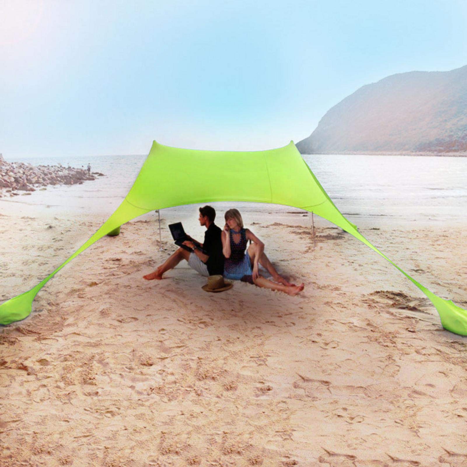 Tenda Da Spiaggia Parasole Leggera Con Sacchetti Sabbia - Grande 210x210 Cm, UPF 50+, 4 Picchetti, Per Famiglia E Attività All'aperto