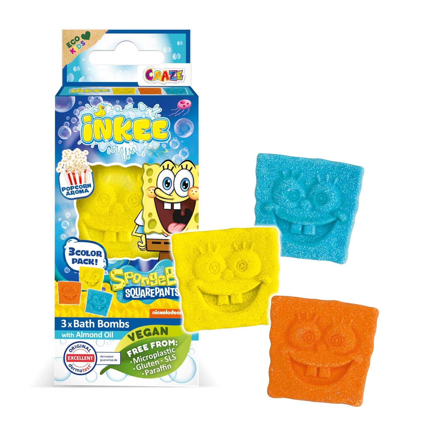 INKEE Spongebob Bath Bombs Kids Mini Pack – 3-Pack Bath Bombs – Spongebob Squarepants Toy Surprise Collectible Figurines Included - with Fun Colours, Popcorn Scent & Almond Oil