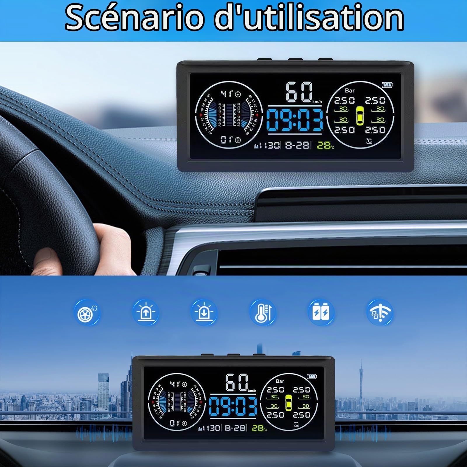 Système De Surveillance De La Pression Des Pneus Multifonction, Tpms Avec 4 Capteurs Externes, Charge Solaire, Compteur De Vitesse Universel Avec éCran Lcd Couleur, 9,9 Bar/199 Psi