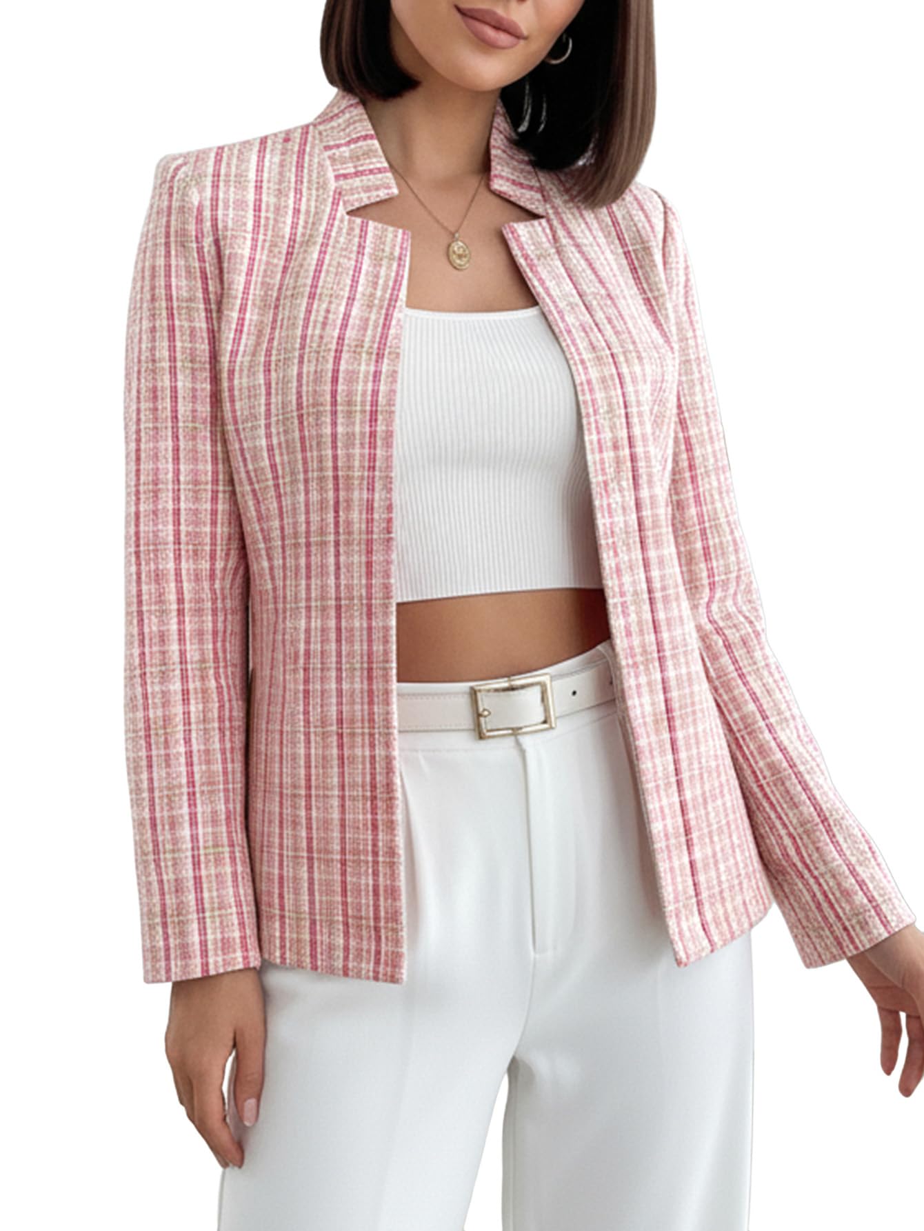 Womens Plaid Tweed Blazers Elegant Open Front Work Suit Jackets Business Casual Outfits