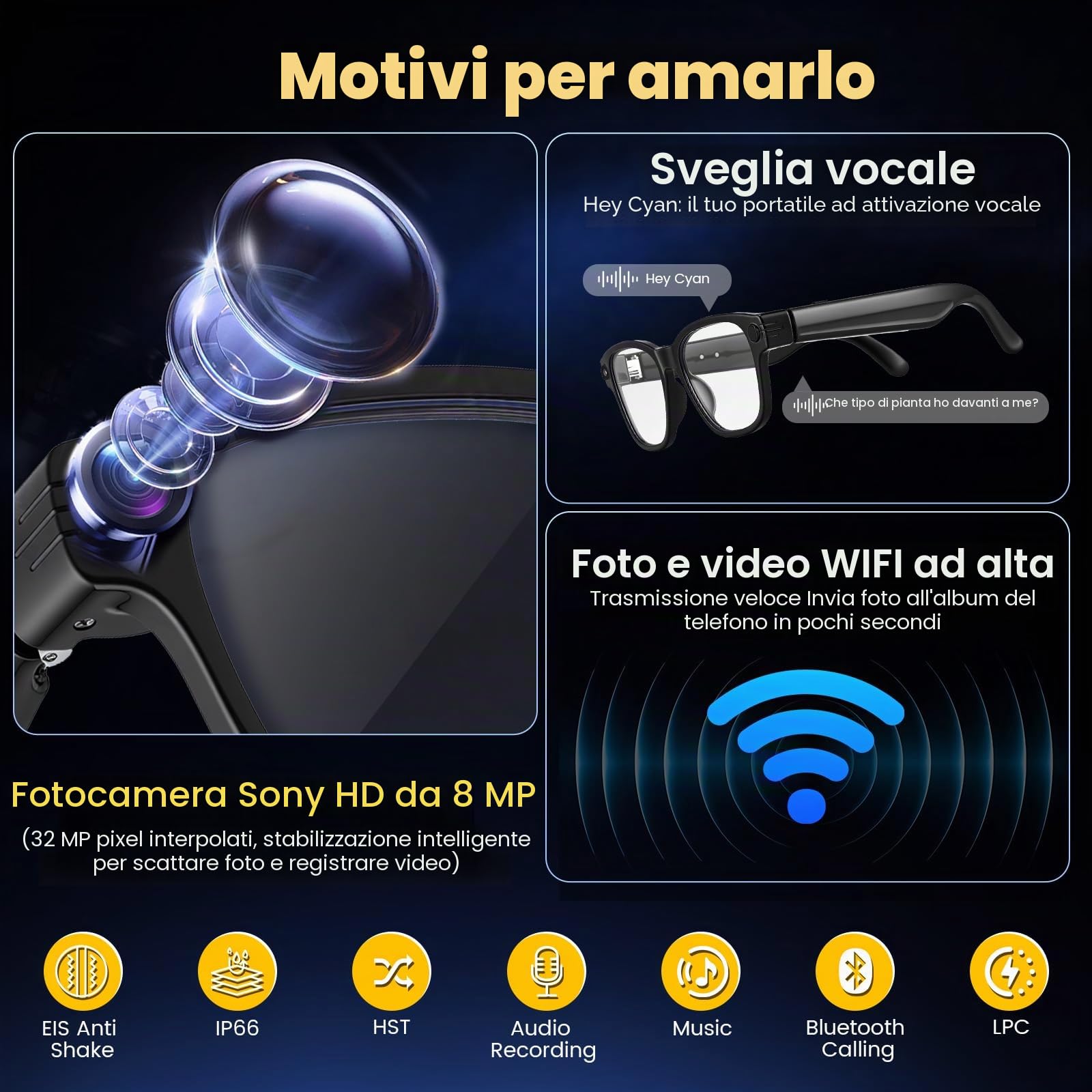 Occhiali Intelligenti Ai Con Fotocamera 8Mp, Video 1200P E Traduzione Multilingue–Lenti Fotocromatiche, Microfono Duale Con Cancellazione Rumore, Autonomia 270Mah–Ideali Per Viaggi