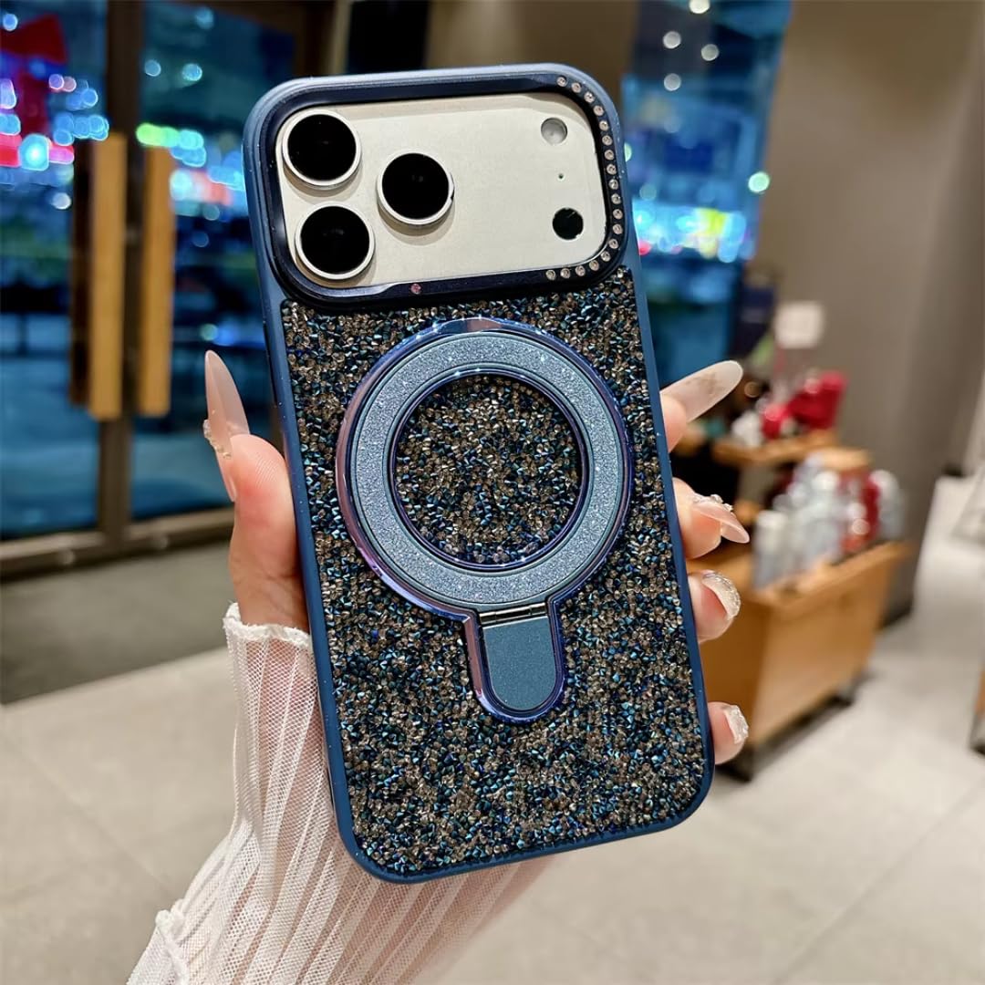 Etui na telefon z magnetycznym stojakiem i kryształkami Fantasy Rhinestone Glitter do iPhone'a 17, 14, 15, 16 Pro Max Air 13, odporne na wstrząsy (do iPhone'a 15 Pro Max/granatowy)