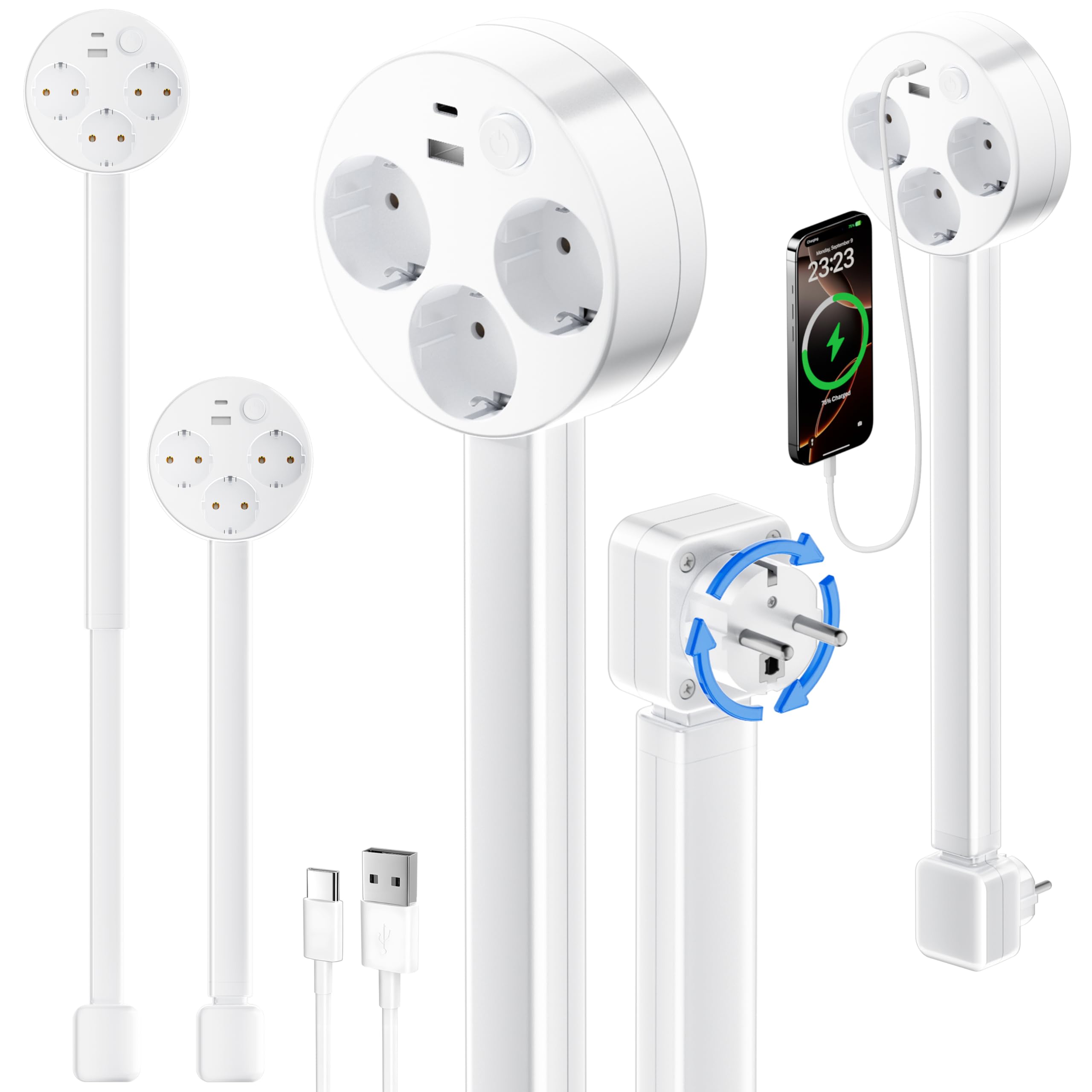 Expander de Enchufe Giratorio Extensible - 3 Tomas de Corriente alterna y Puertos USB, Ajustable de 18-26 Pulgadas para Muebles Traseros y Espacios Apretados
