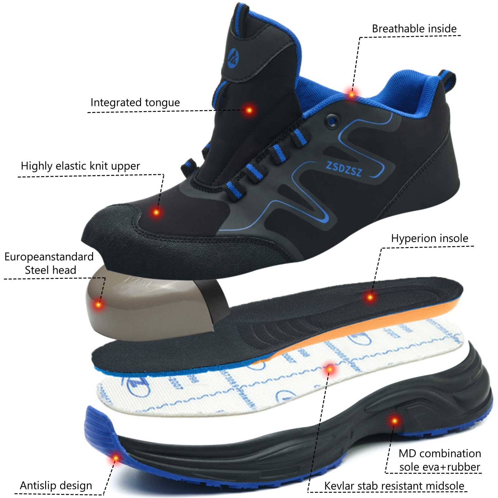 Chaussures de Sécurité Hommes Légère Chaussures de Travail Femme Confortable Respirantes Basket de Securite Embout Acier Antidérapante Chaussure de Chantier