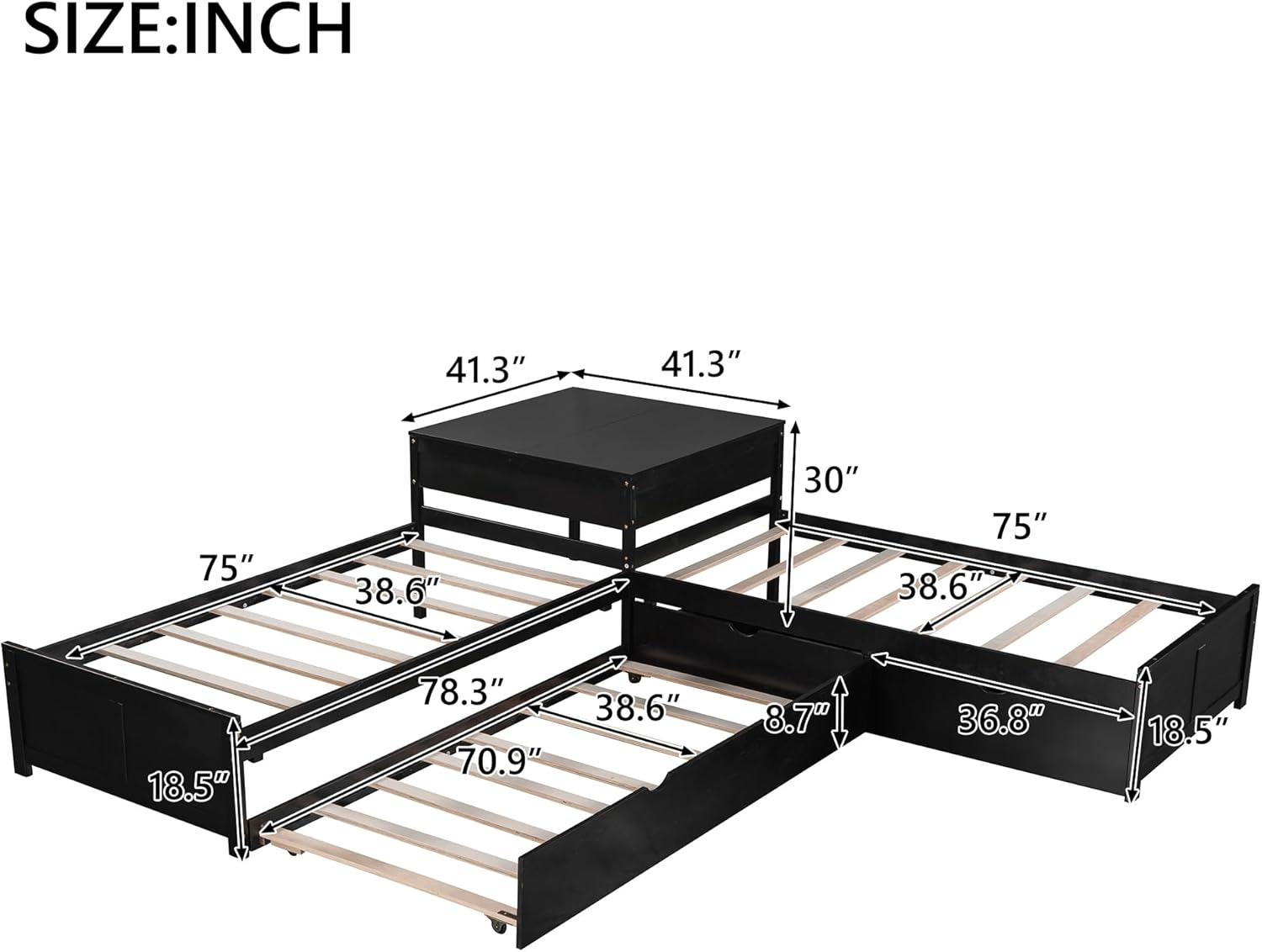 Dimensional diagram of Flieks L-Shaped Platform Twin Bed with Trundle and Drawers