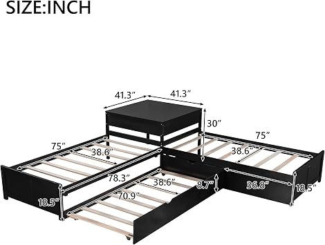 CITYLIGHT L-Shaped Platform Bed with Trundle and Drawers Linked with Built-in Desk, Wood Corner Bed with 3 Twin Beds for Kids Girls Boys Teens Bedroom,Espresso