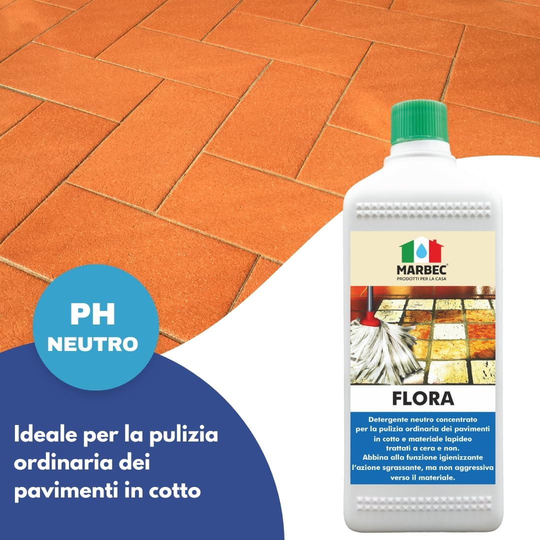 MARBEC FLORA 1LTX6PZ Detergente per pavimenti in cotto e materiali lapidei, ideale per la pulizia ordinaria di superfici trattate e non.