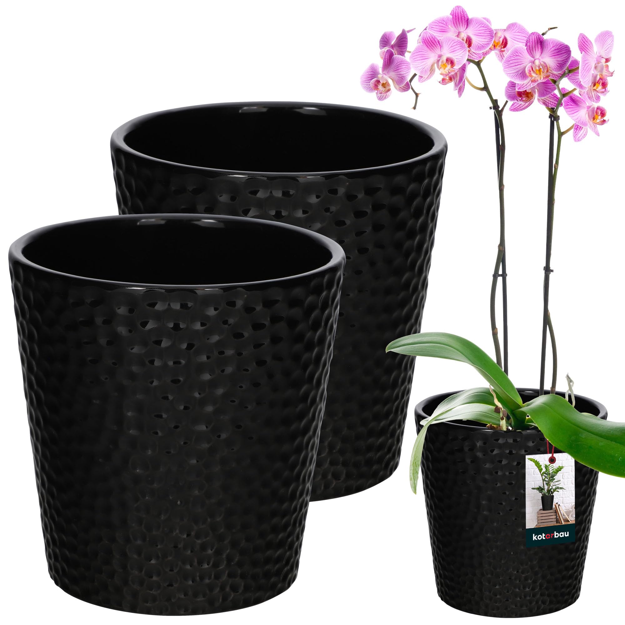 KOTARBAU Set of 2 Flower Pots Black Ceramic Glazed Diameter 9.5 cm Height 11 cm Orchid Pot Ceramic Flower Pot Modern Flower Pots Indoor Plants