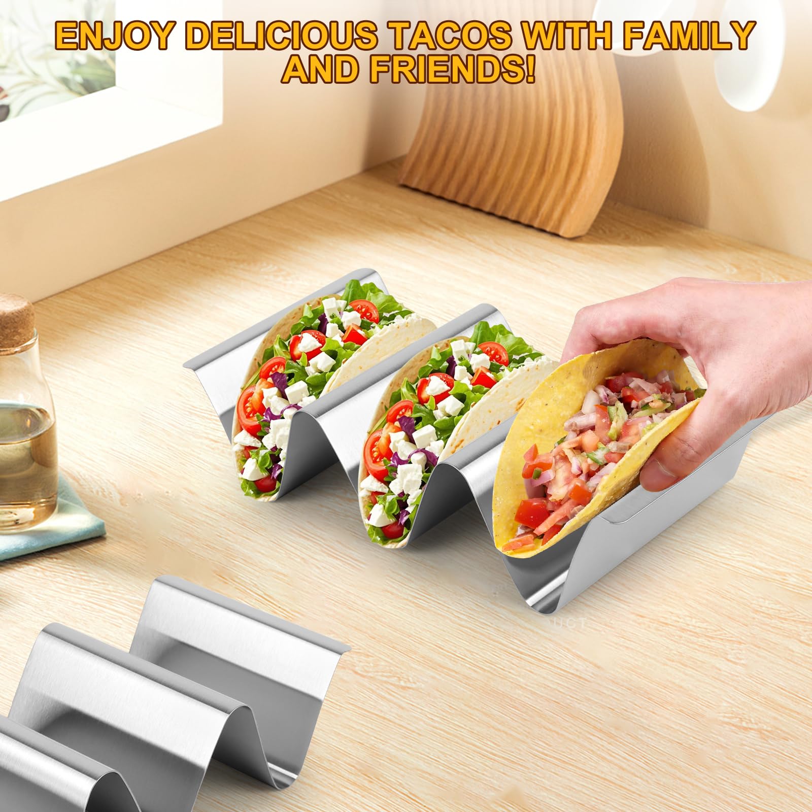 Set di Porta Tacos da 2 Pezzi Supporto per Tacos in Acciaio Inossidabile, Vassoi per Tacos, Porta Tacos in Metallo, Supporto per Taco con Maniglie in Acciai Inox per Tacos, Saucisses Grillées, Crêpes