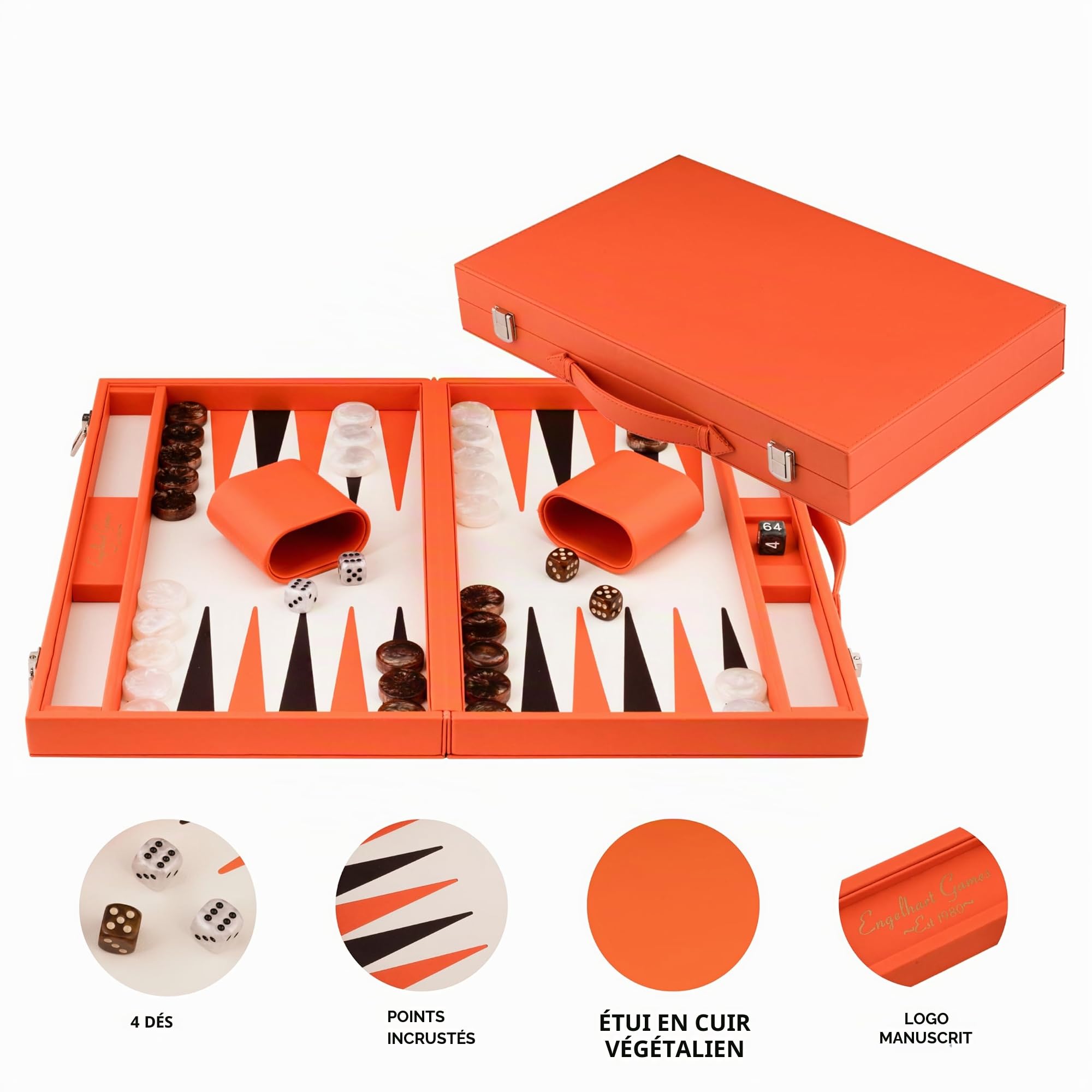 Backgammon Luxe 15 Pouces 47,4 X 38,6 Cm - Simili Cuir Orange Marquete | Jeu De Societe 2 Joueurs Avec 30 Pions Noir Orange, Des Et Gobelets - Mallette Fermee 38,6 X 23,7 X 5,8 Cm