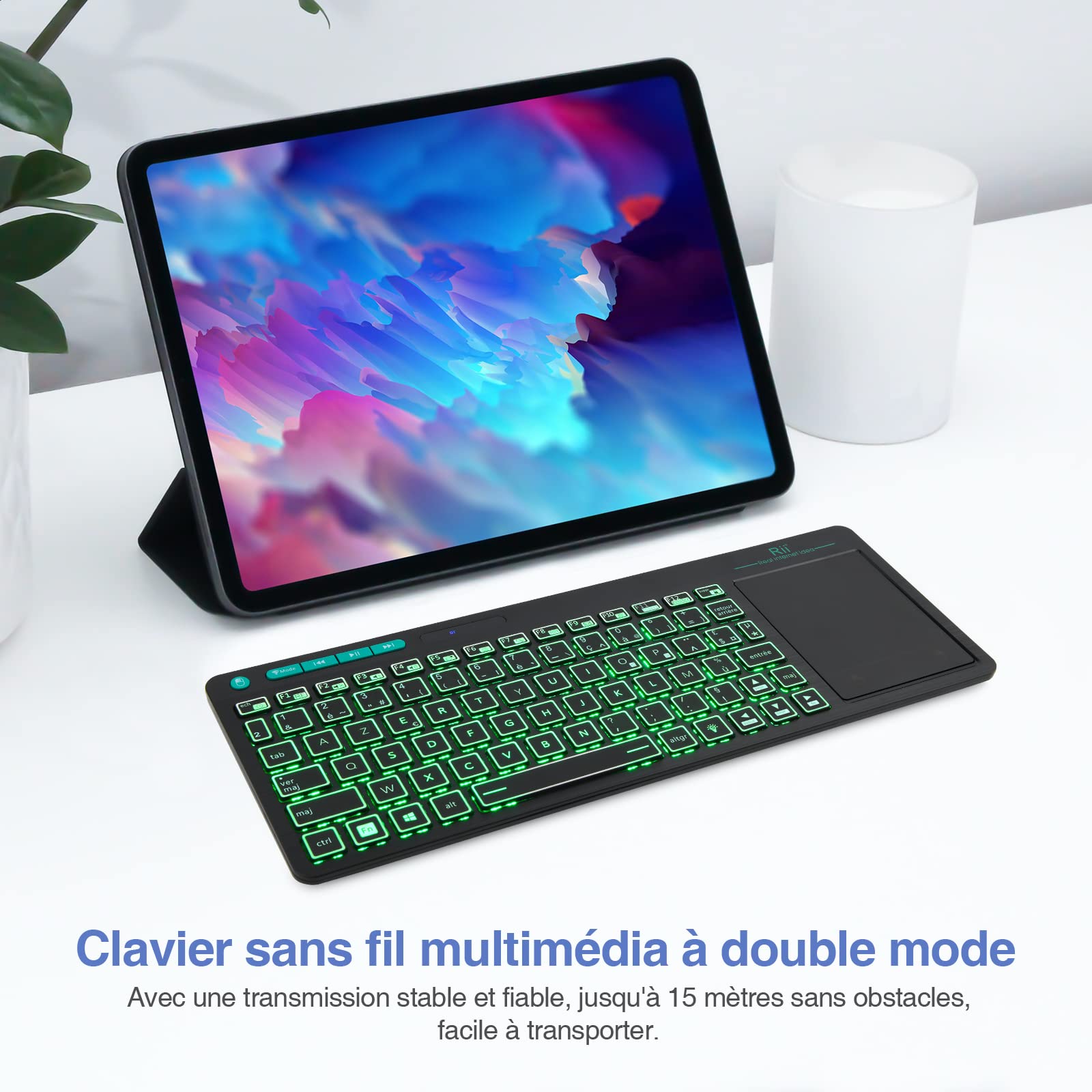Rii K18S Clavier sans Fil Français (AZERTY) Clavier de Bureau Multi fonctionnel avec Souris Tactile de Grande Taille Intégrée Wireless, Batterie Li-ION Rechargeable (Bluetooth & 2.4 GHz)