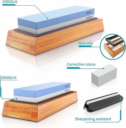 Miniatura 7 de Kit de piedra para afilar cuchillos  Afilador profesional de piedra de afilar de 2 lados 10006000 juego de grano con base de bambú y guía de ángulo