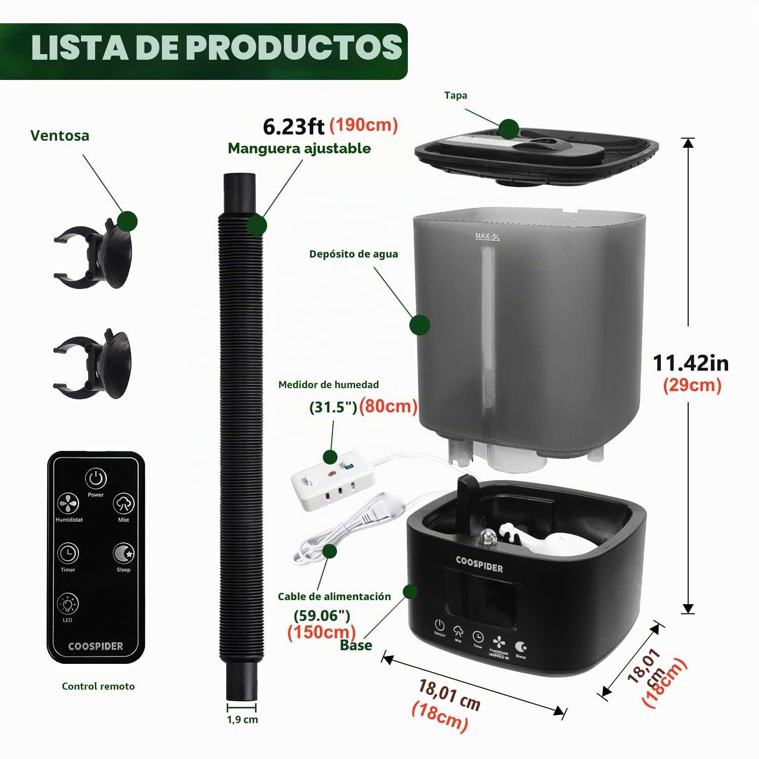 Tararium Nebulizador de terrario de 5 litros con temporizador y sensor de humedad – Humidificador automático de reptiles para serpientes, camaleones, tortugas – niebla ultrasónica silenciosa