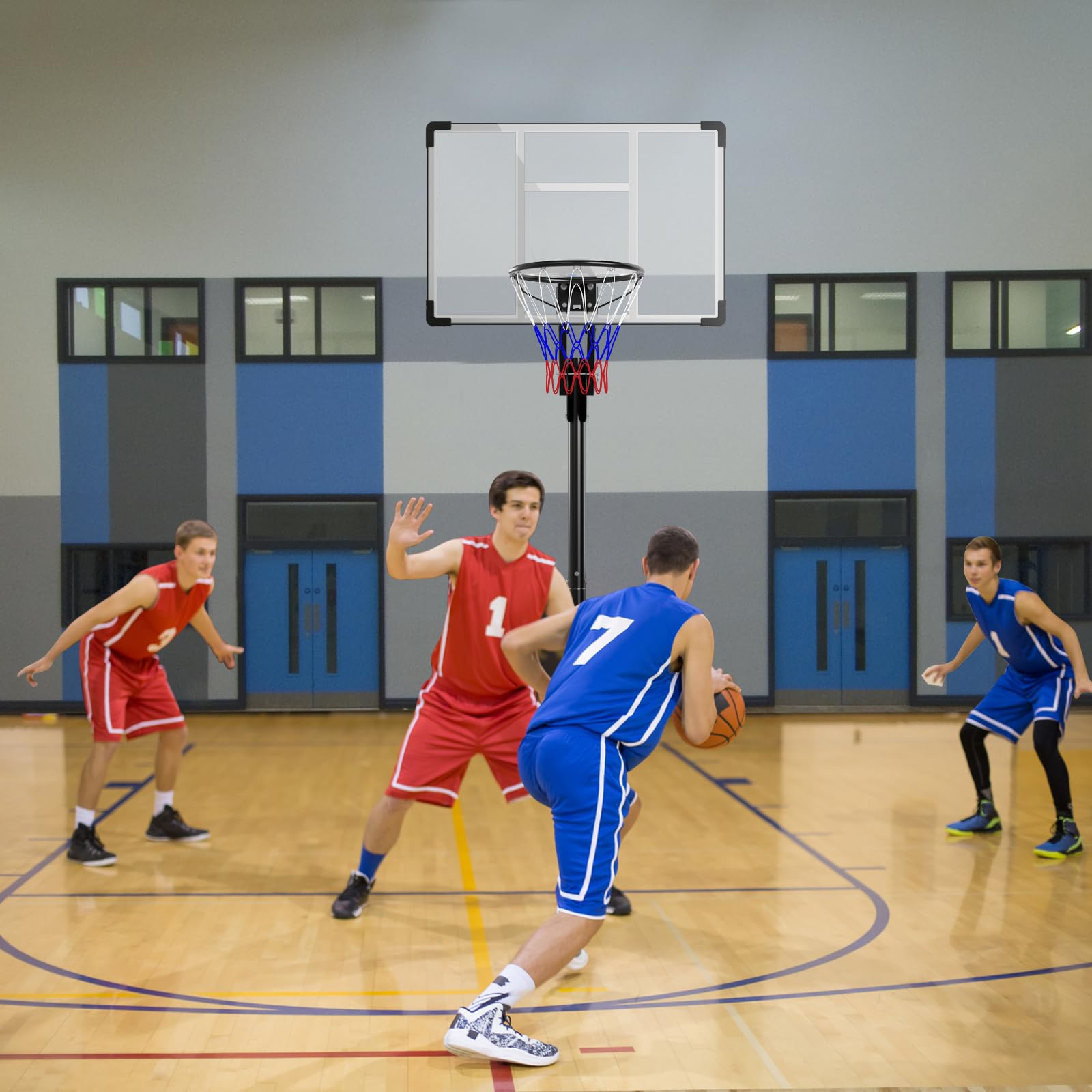 GYMAX Aro de Baloncesto Portátil Interior y Exterior, Sistema de Aro de Baloncesto Ajustable en Altura con Tablero Resistente a Roturas, Base Rellenable, Ruedas y Bolsa de Peso para Niños y Adultos