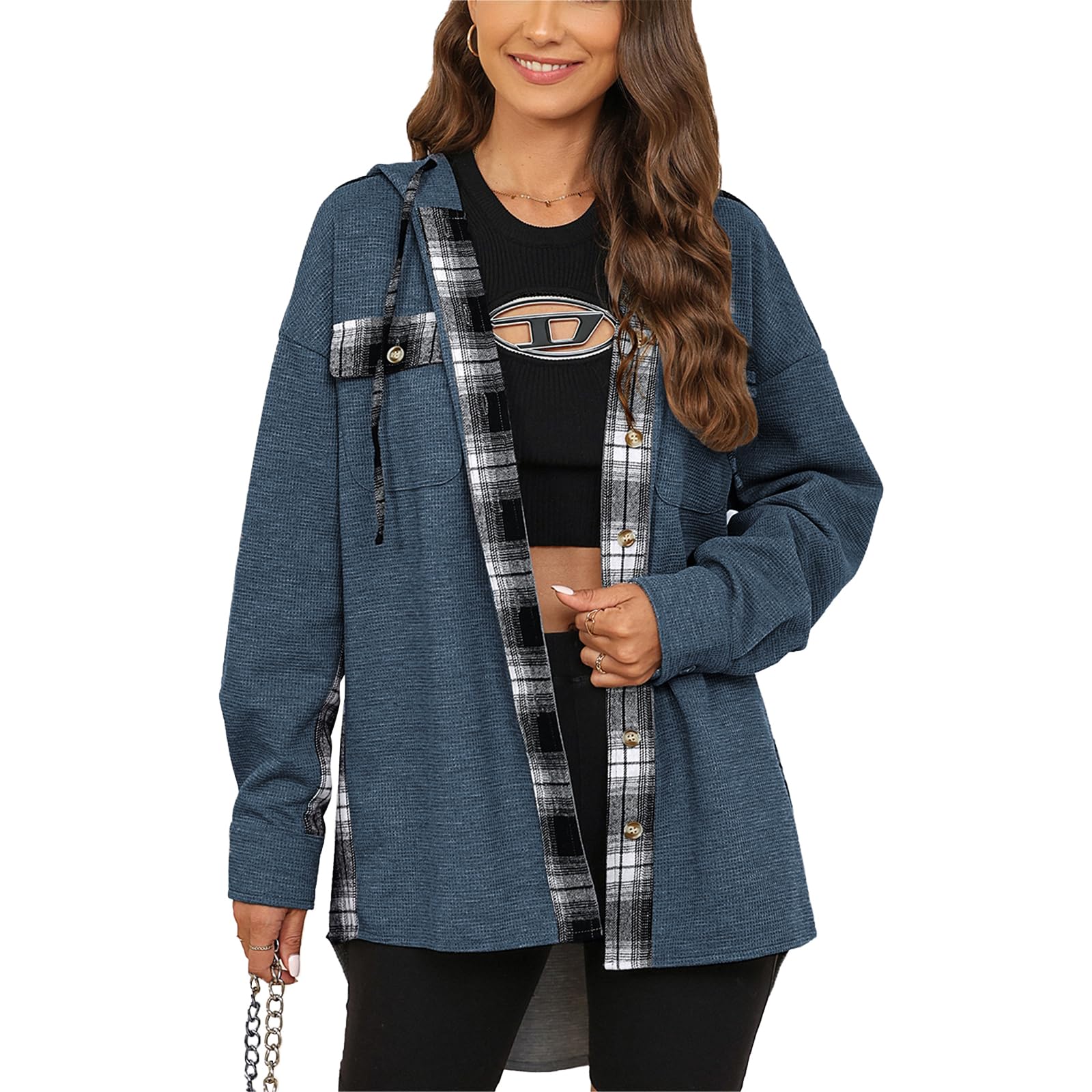 YNIQUE Chemise à Carreaux Femme Chemise Longues Classique Blouses Boutonnées Col en V Hoodie Manche Longue Automne Hiver Top Blouse Chic et élégant