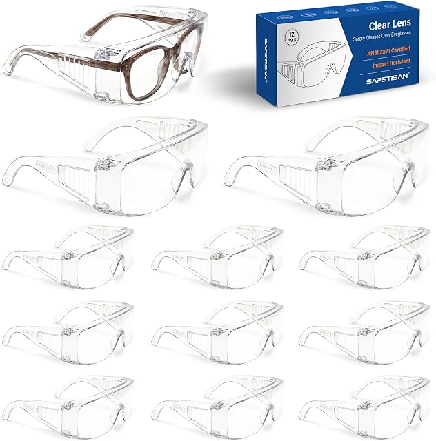 Safety Glasses Over Eyeglasses 12 Pack ANSI Z87.1 Impact Scratch Resistant Wide Vision, Clear Safety Goggles for Prescription Glasses Lightweight Protective Eyewear for Men, Women Lab Construction