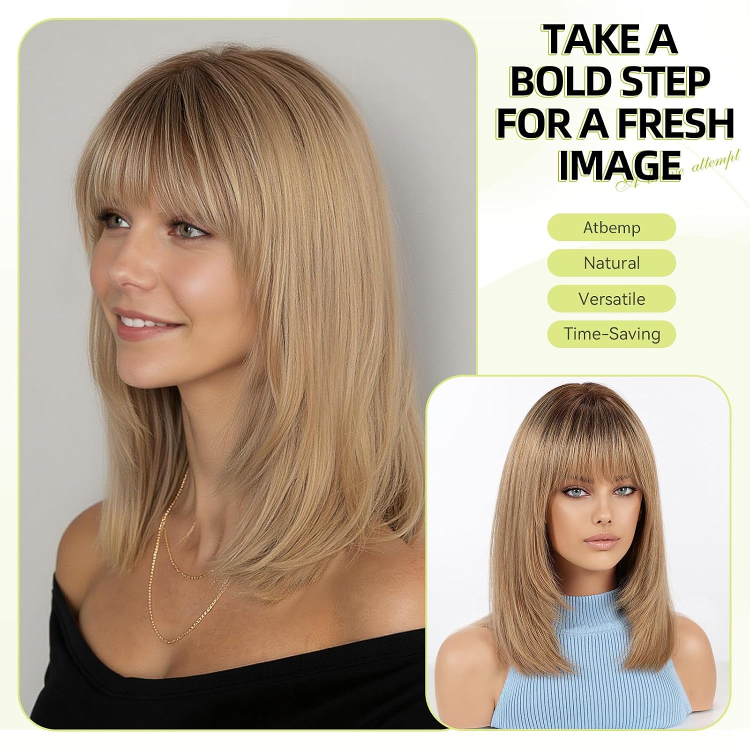 RSY 14 Inch Ombre Ash Blonde Straight and Layered Real Human Hair Wigs for Women with Bangs