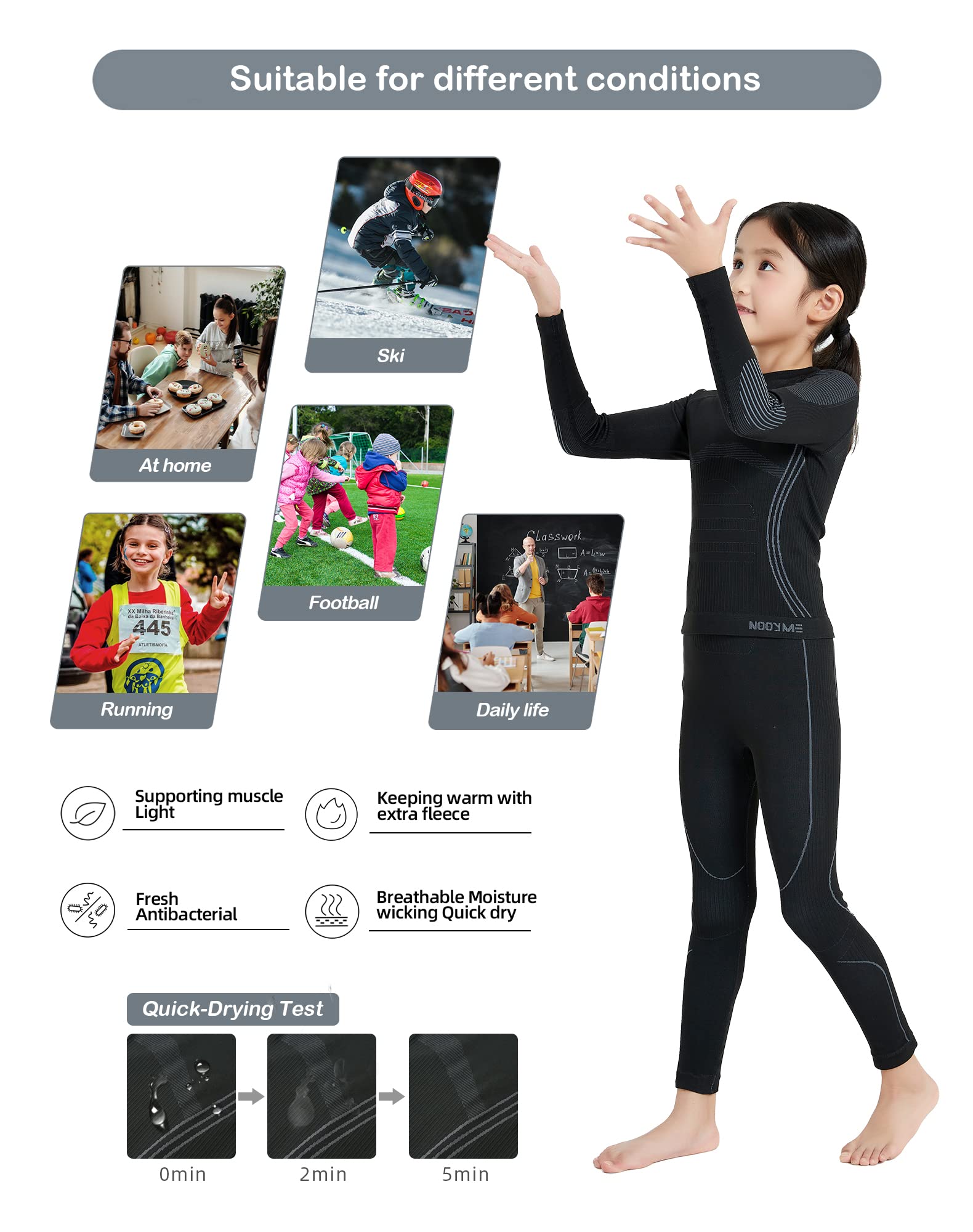 NOOYME Intimo Termico Bambino Biancheria Intima Termica Bambina Pantaloni e Maglia Termica Traspirante Asciugatura Rapida per Sci Corsa Calcio