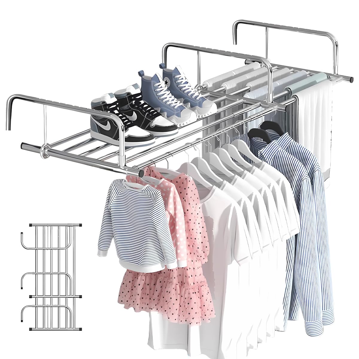 Clothes Drying Rack Portable Laundry Rack, Retractable Collapsible Clothing Hanging Shelf Folding Laundry Towel Rack for Balcony Windowsill Guardrail Indoor Outdoor for Lingerie 86-158cm